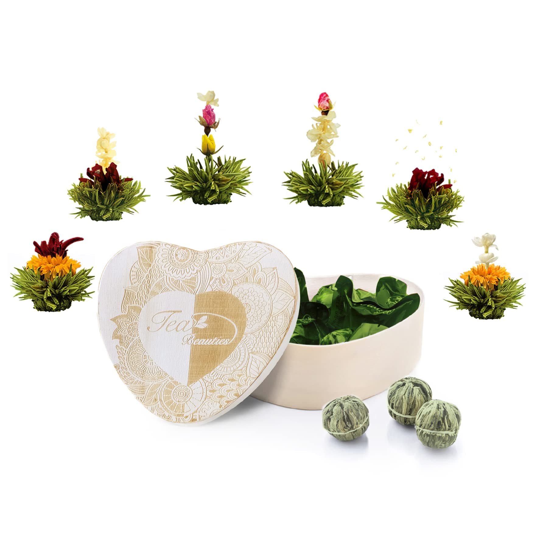 Creano Blooming Tea Gift Set in Heart Shaped Wooden Box with Engraving - 6pcs Flowering Tea - Green Tea