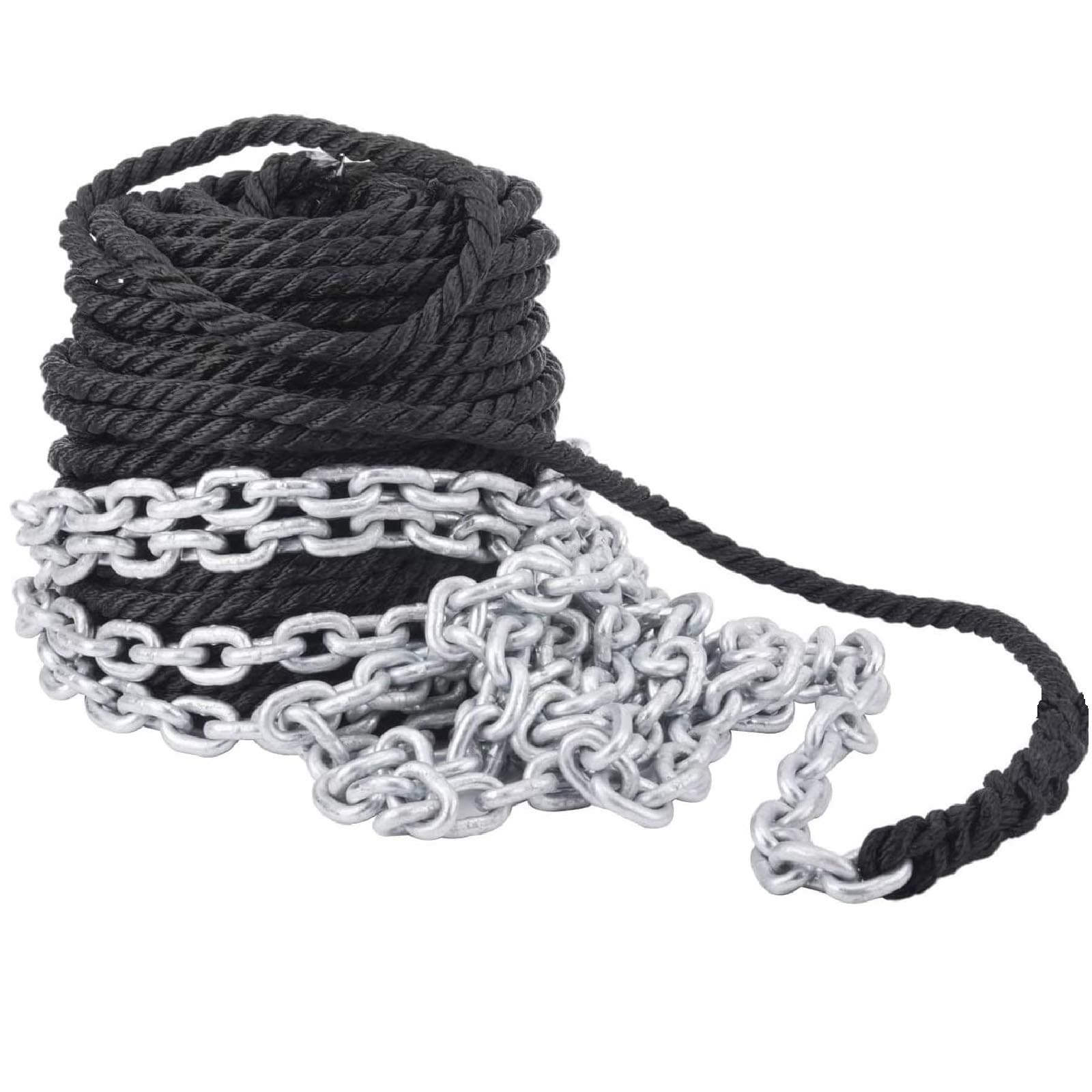 NovelBee1/2 Inch X 200 Feet 3 Strand Twisted Nylon Rope with 1/4 Inch x 15 Feet Galvanized Chain for Boat Dock Line