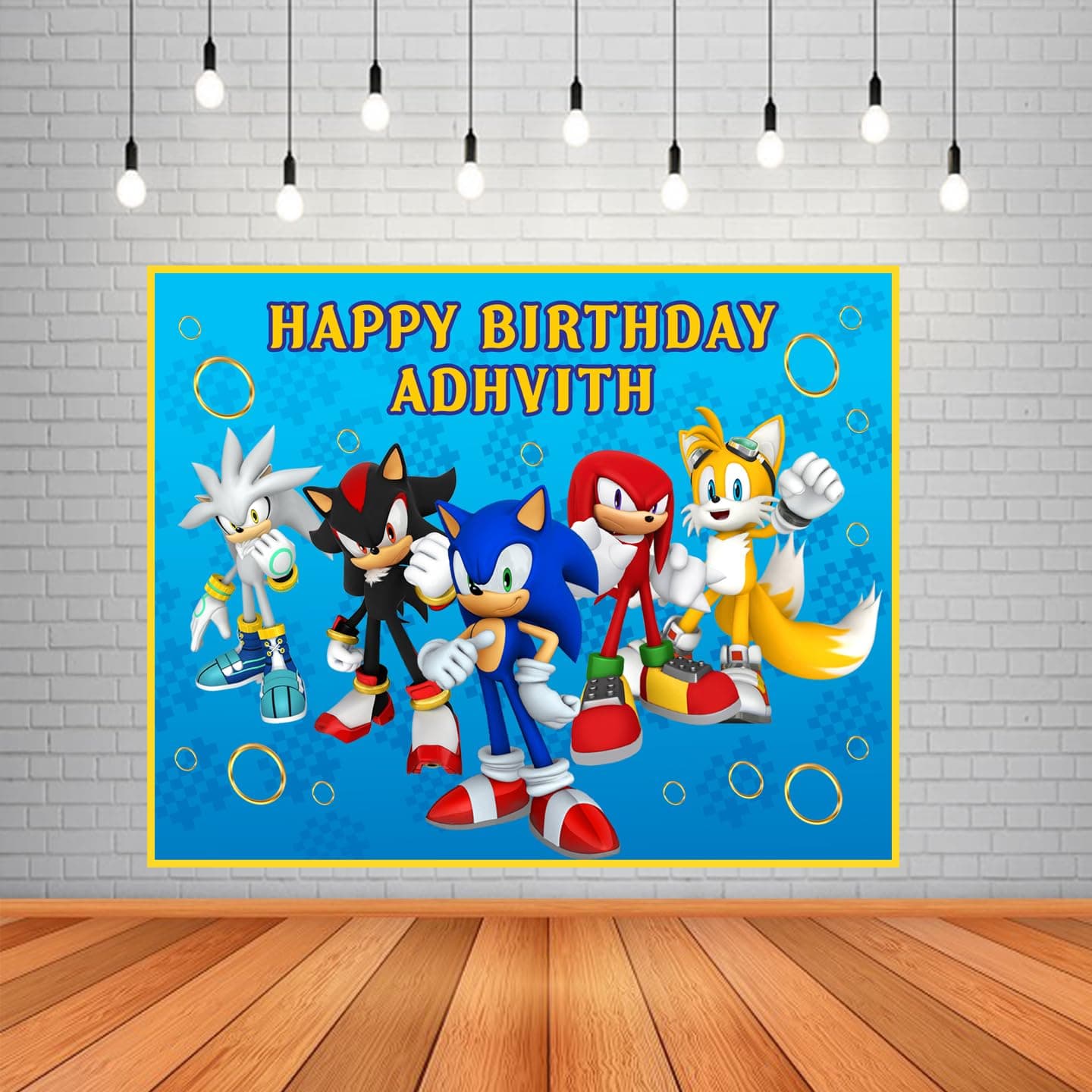 WoW Party Studio Personalized Sonik Theme Party Happy Birthday Decorations with Birthday Boy/Girl Name, Age, Made with A55 Coated Fabric, Background/Backdrop Wall Banner - Large Size 4ft height x 5ft width