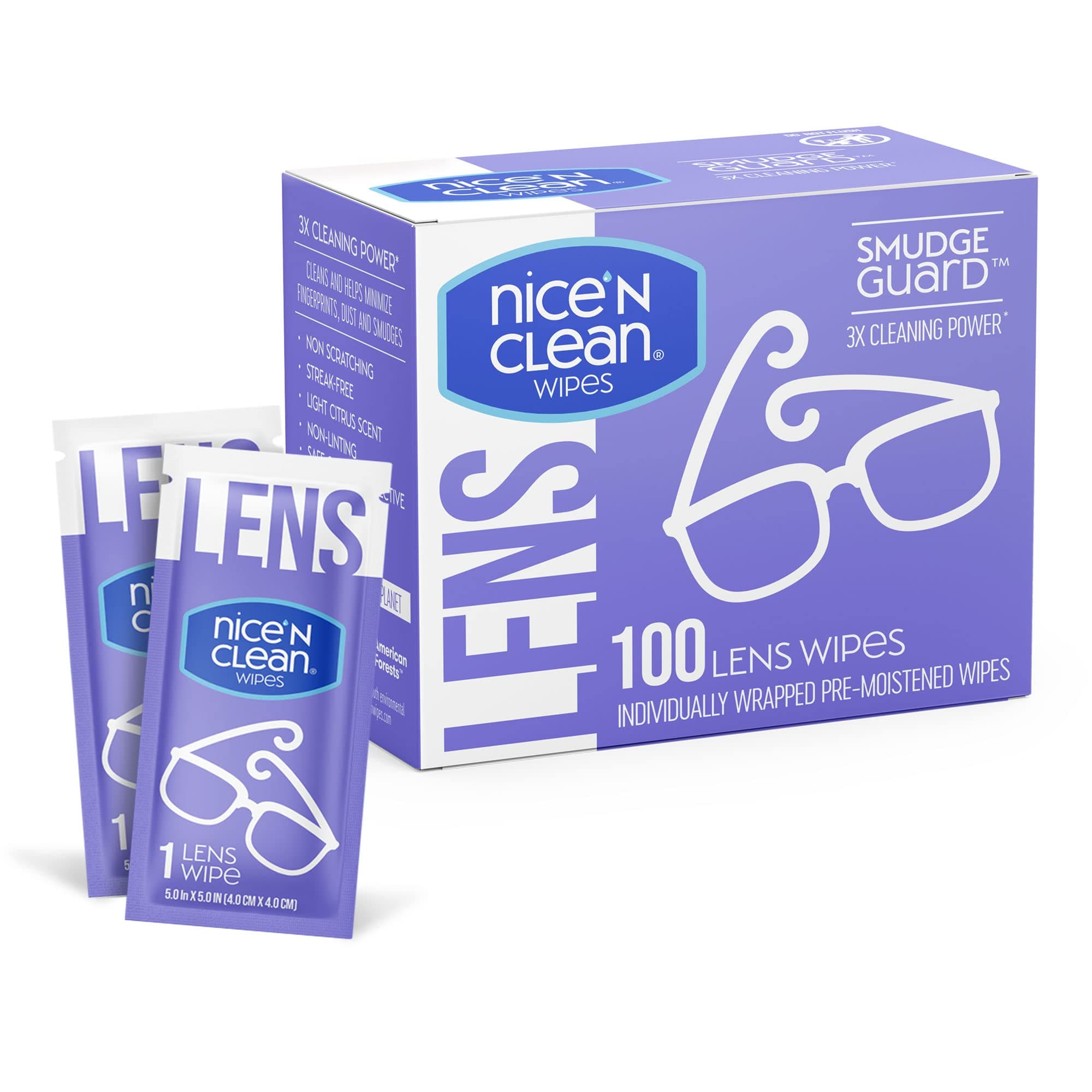 Nice 'n Clean SmudgeGuard Lens Cleaning Wipes (100 Total) | Pre-Moistened, Individually Wrapped | Non-Scratching & Non-Streaking | Safe for Eyeglasses, Goggles, & Camera Lens