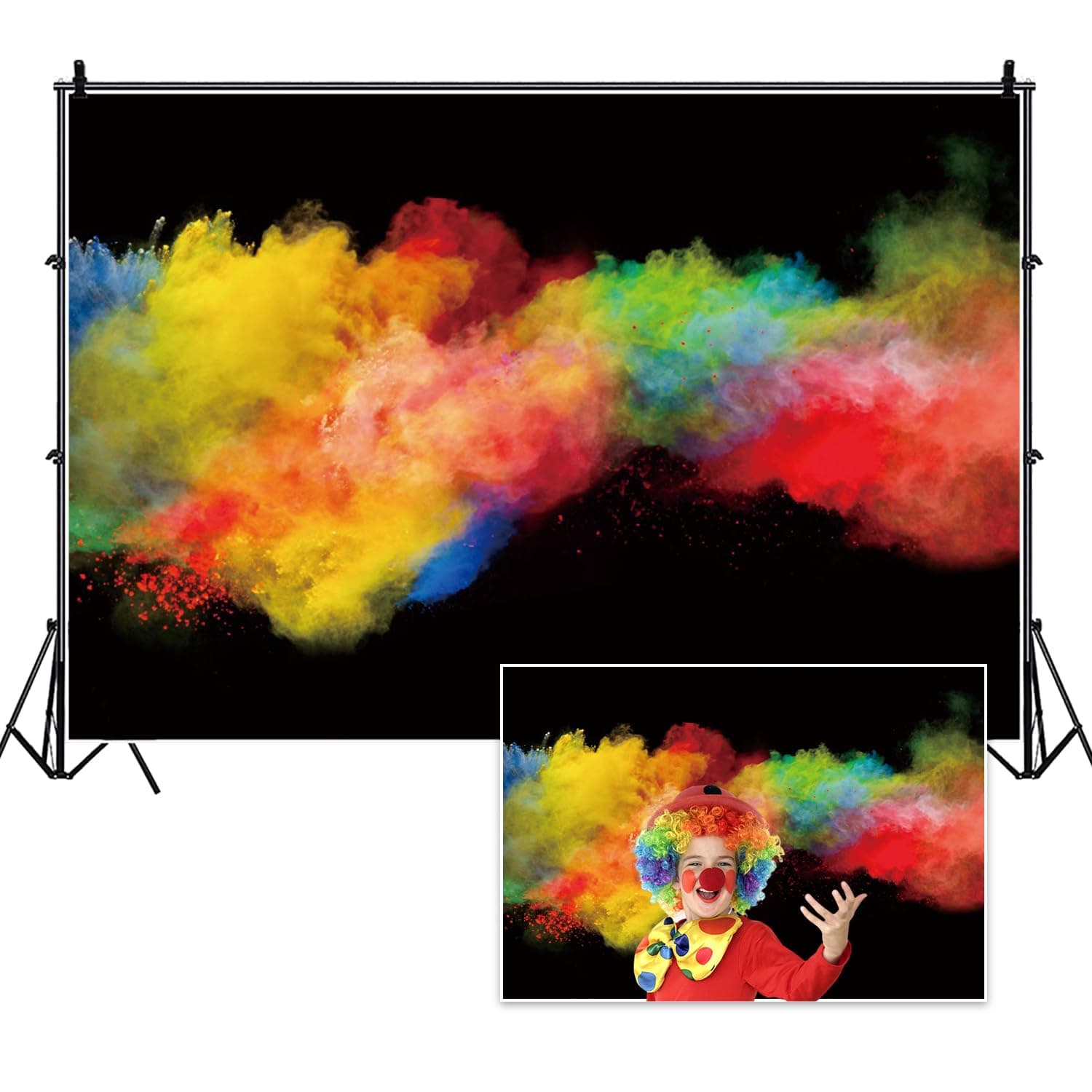 7x5ft Colorful Smog Photography Backdrop Rainbow Color Powder Smoke Fume Explode Black Background Kids Birthday Party Decor Background Adults Artistic Photos Props