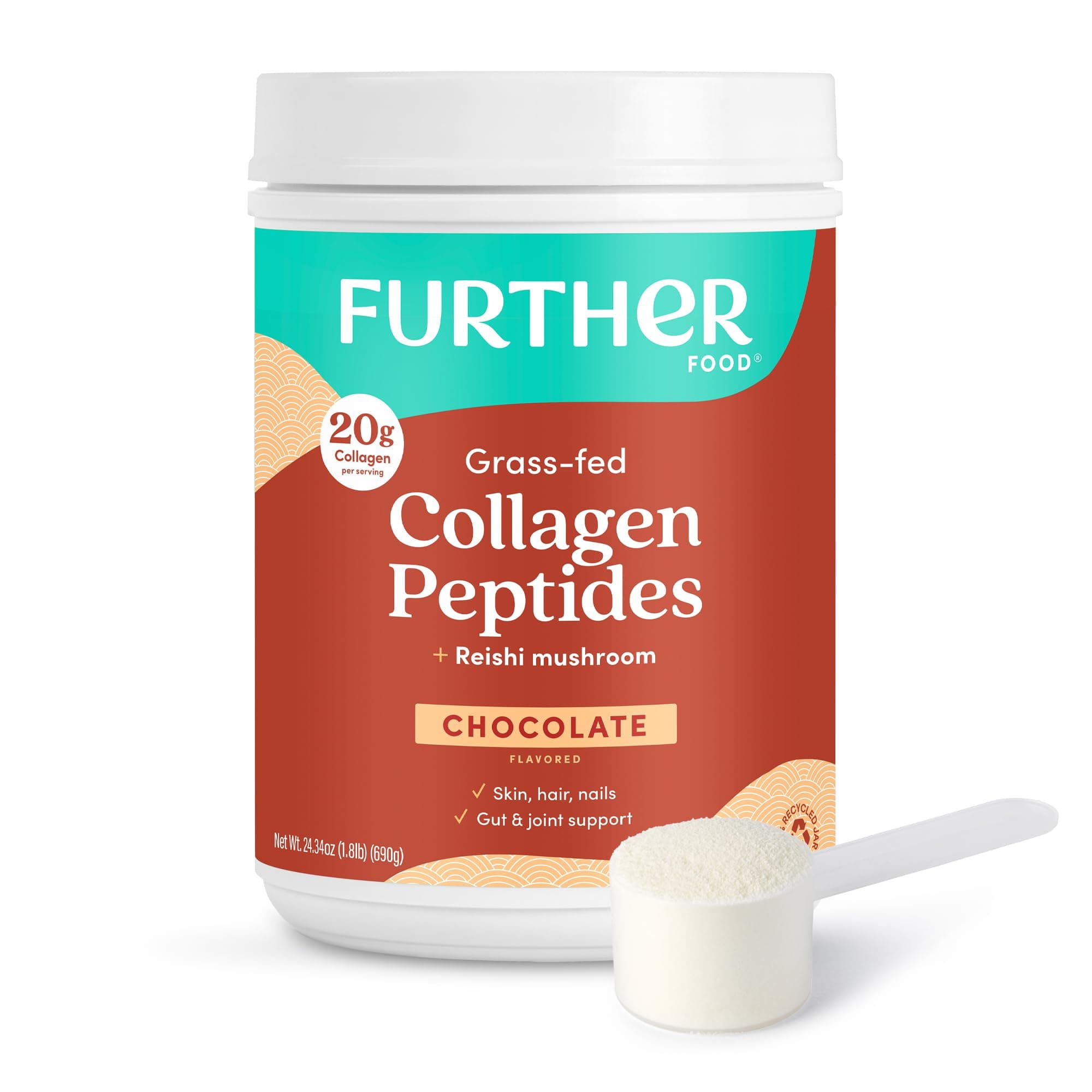 Further Food Chocolate Collagen Peptides Powder with Reishi Mushroom - 100% Grass-Fed, Hydrolyzed Type 1 & 3, 20g of Collagen per Serving, Supports Skin, Hair, Nails & Joints, 24.34 Oz