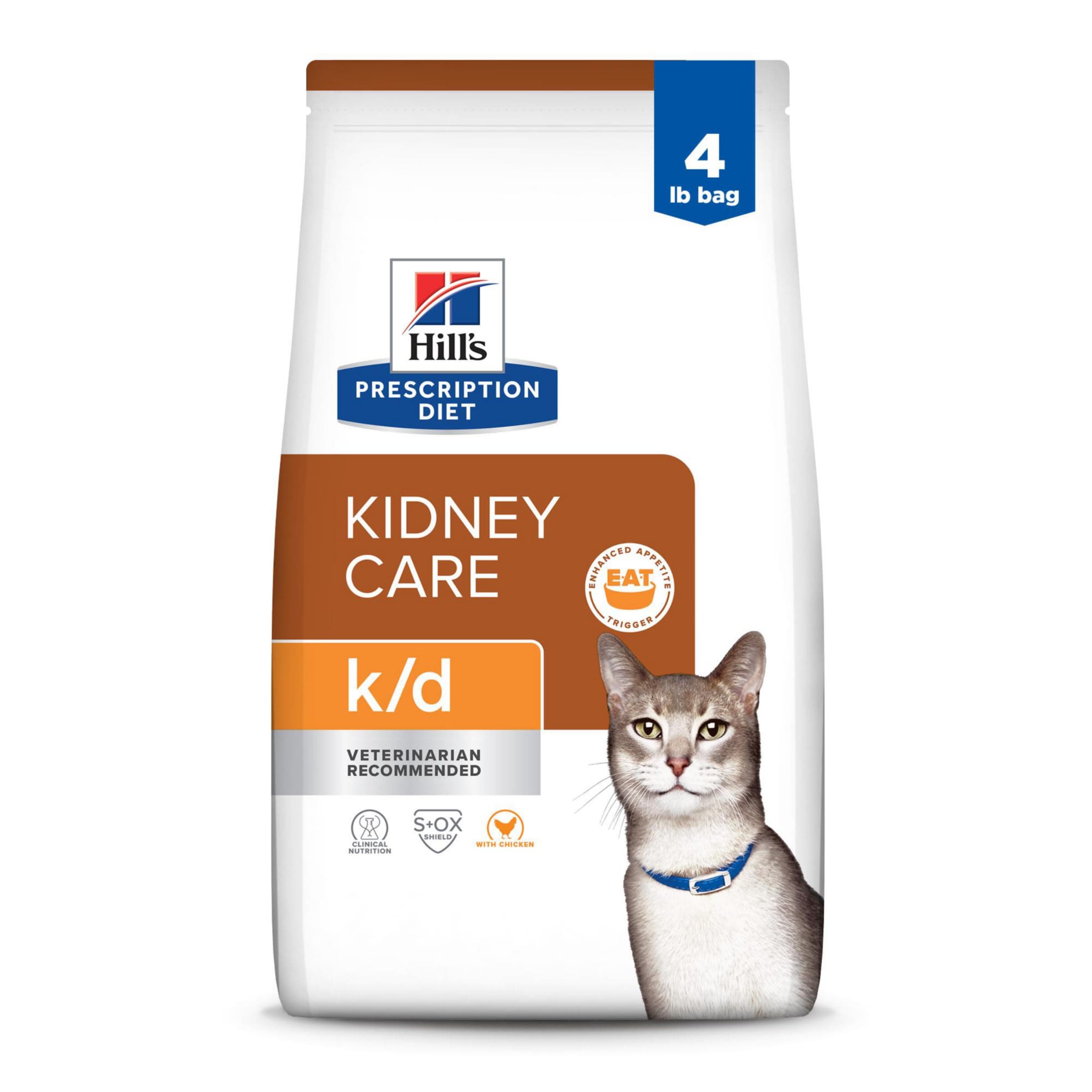 Hill's Prescription Diet k/d Kidney Care with Chicken Dry Cat Food+, Veterinary Diet, 4 lb. Bag (Packaging May Vary)