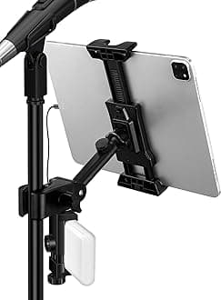 Tablet Holder for Mic Stand with Power Bank Clip - Adjustable iPad/iPhone Mount for Music Stand, Compatible with Screen Devices from 4.7-13.5" Smartphones, Android - Outdoor Streaming & Recording
