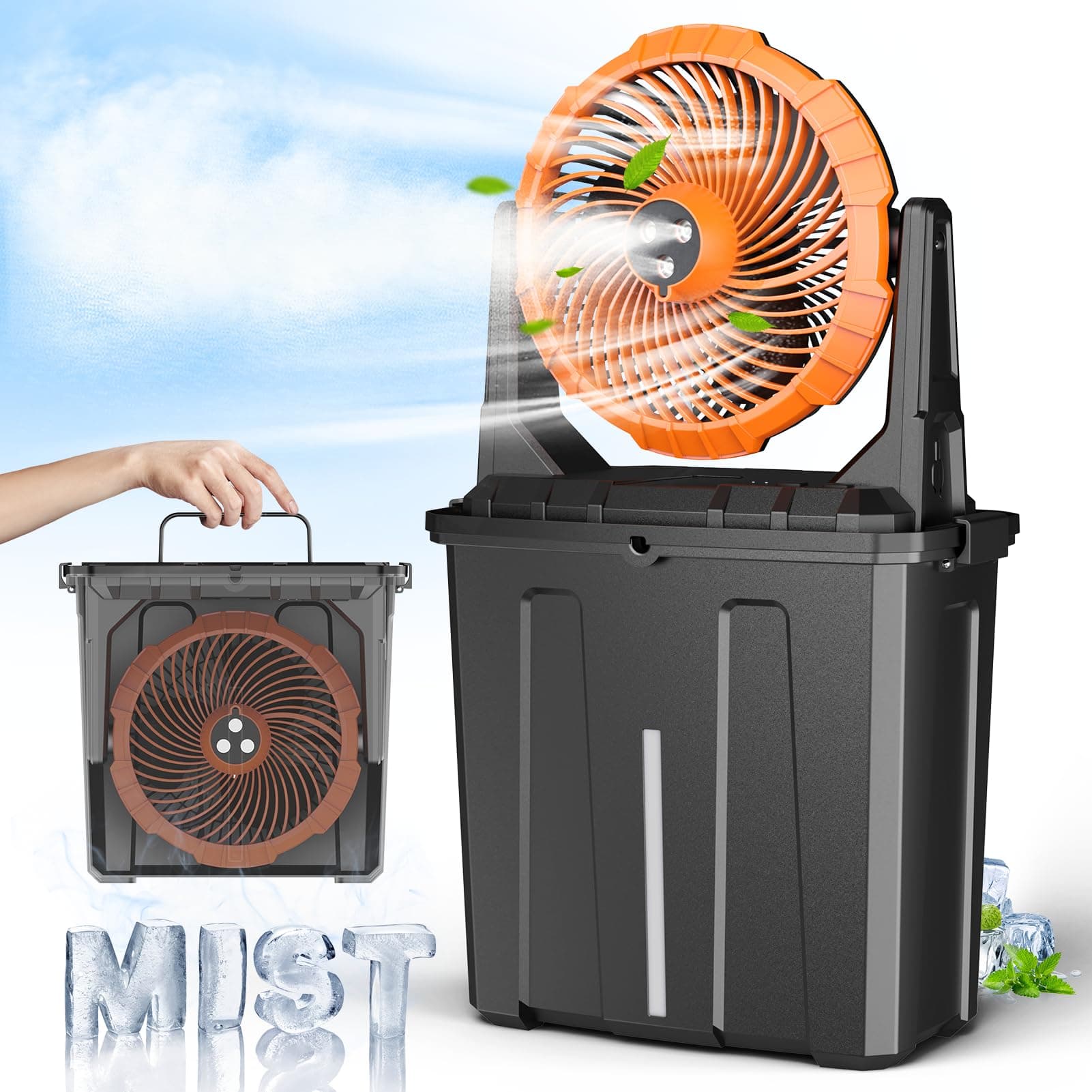 Ausic 9L Portable Bucket Fogging Fan for Outdoor Patios, Camping Fan with 20,000Mah Rechargeable Battery, 3 Strong Winds, 3 Large Spray Outlets, Pair