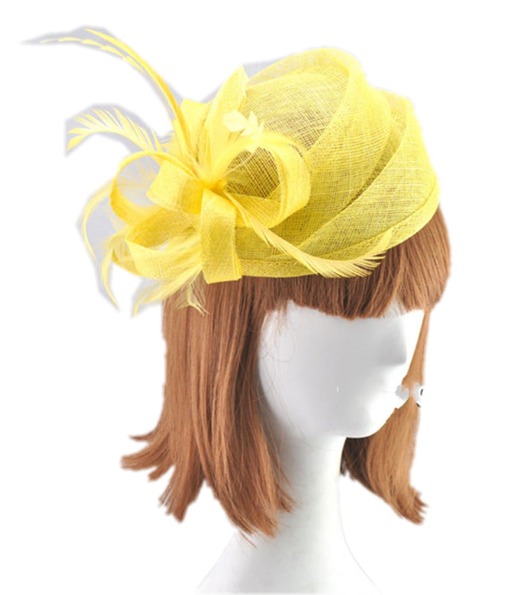 Spikerking Women's Fascinators Small Feather Yarn Hat (One Size, Yellow)