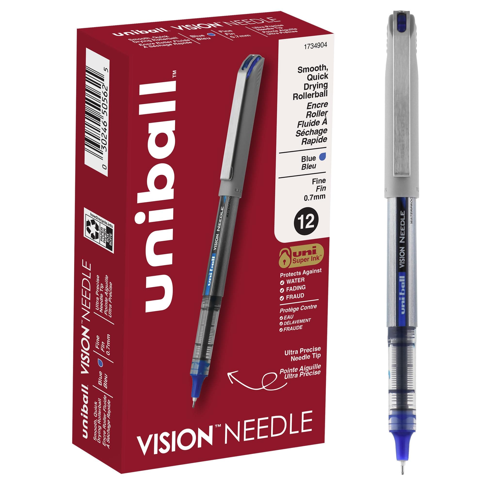 uni-ball Vision Needle Rollerball Pens - Blue Pack of 12, Fine Point Smooth Writing Pens with 0.7mm Black Ink, Bulk Office Supplies