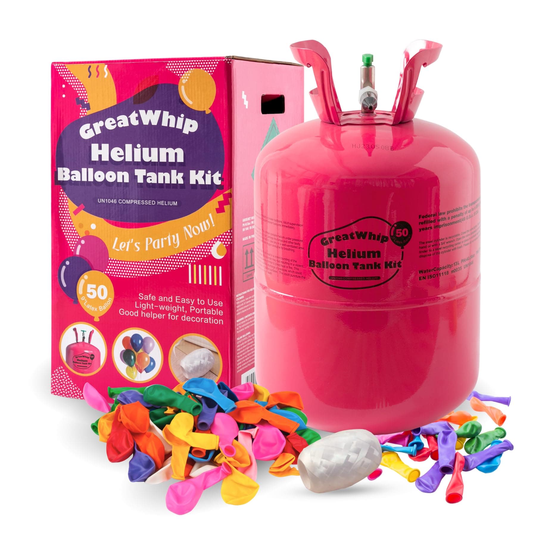 GreatWhip 13L Helium Tank Latex Balloons Up to 50 Pcs Home Helium Tank with 50 Latex Balloons and Ribbon