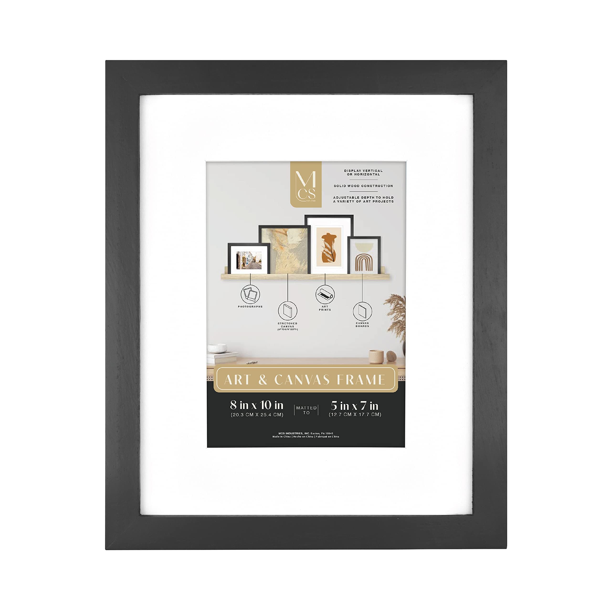 MCS Gallery Wooden Picture Frame for Canvas, Art Boards, Photos and more, Black, 8x10 with 5x7 Mat