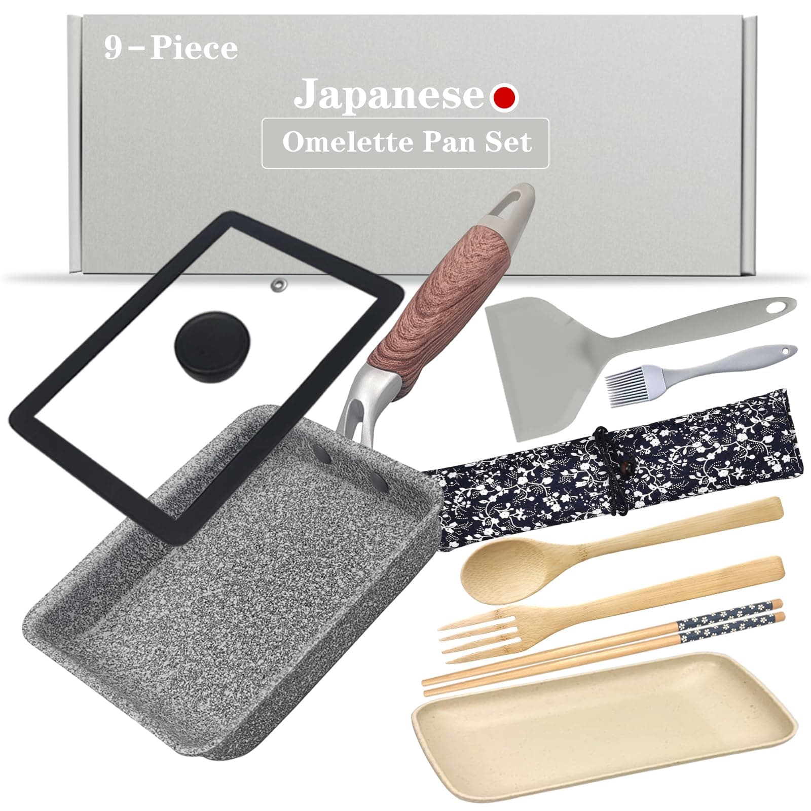 9Pcs Tamagoyaki Pan Set, Japanese Omelette Pan Nonstick with Lid, Square Japanese Egg Skillet Rectangle 7"x5" Grey