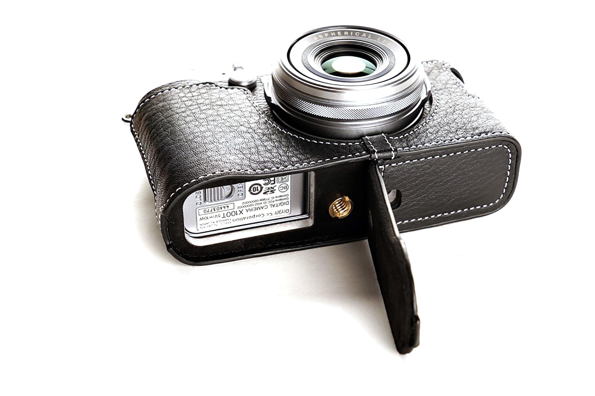 Handmade Genuine Real Leather Half Camera Case Bag Cover for FUJIFILM X100T Black Bottom Opening Version
