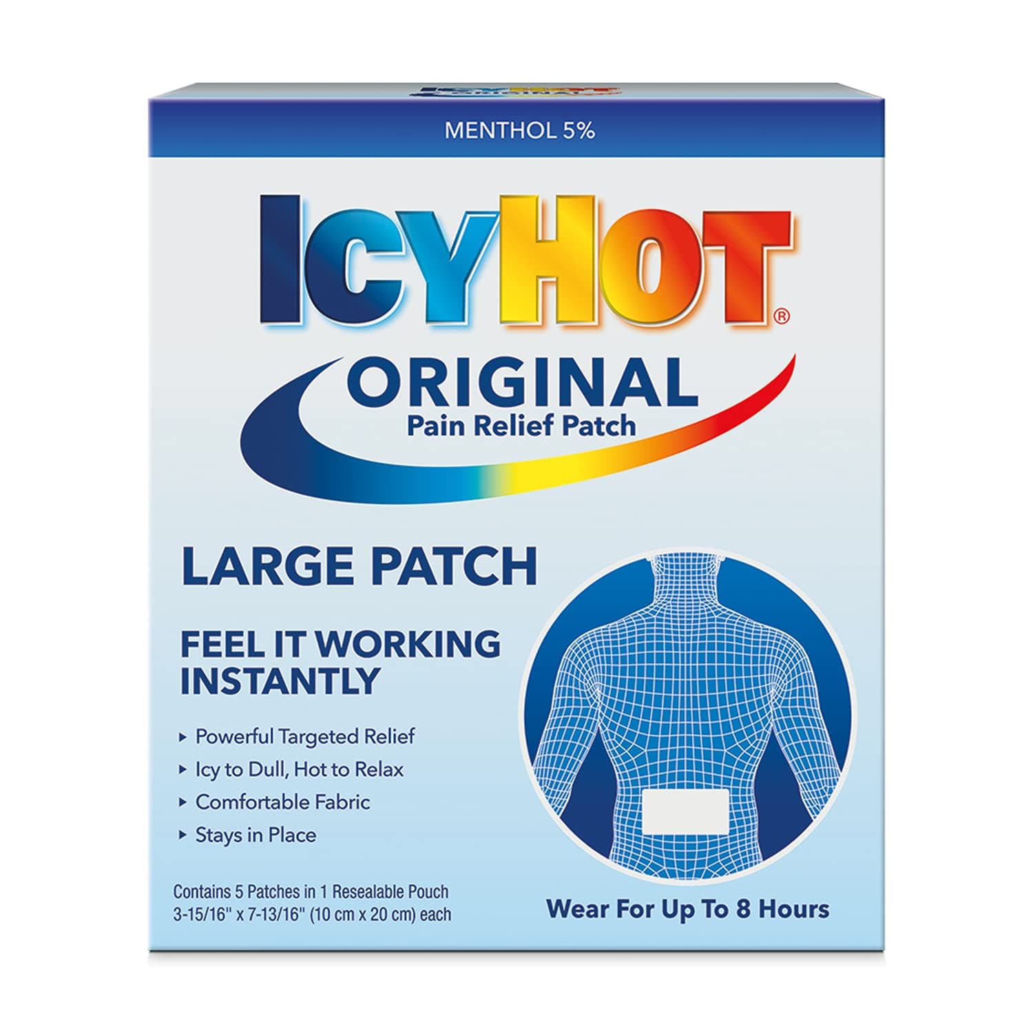 Original Pain Relief Patch, Large Size Comfortable Fabric Patches with Menthol 5%, Ice and Heat Contrast Therapy for Backaches, Joints, Muscle Strains and Arthritis, 5 ct.