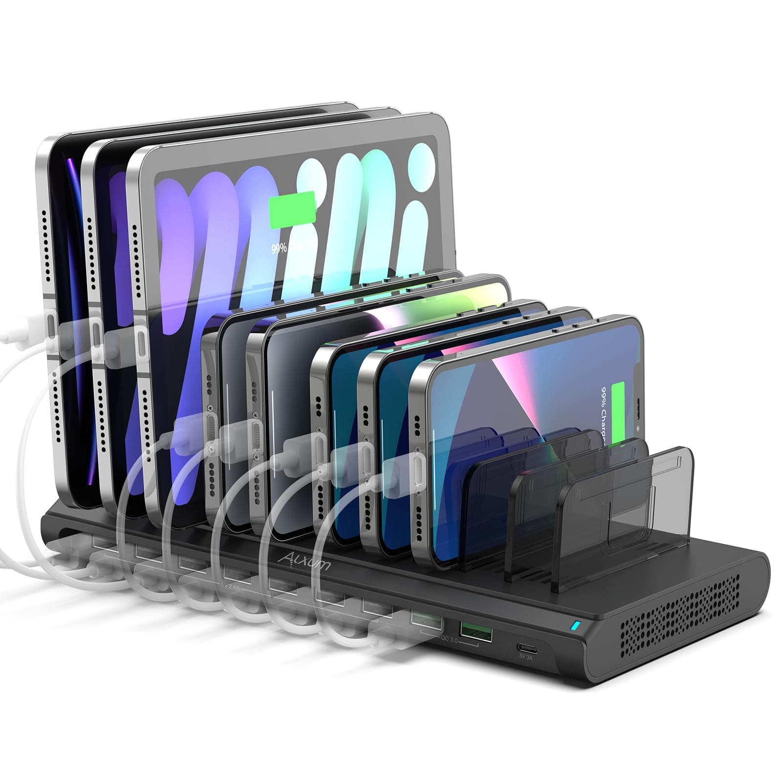 USB Charging Station, Fast 120W 10 Port Phone Tablet Charging Station for Multiple Devices with Type C/2 QC 3.0 Port for iPad/iPhone/Galaxy/Kindle/Fire, Devices Organizer, UL Certified, Black