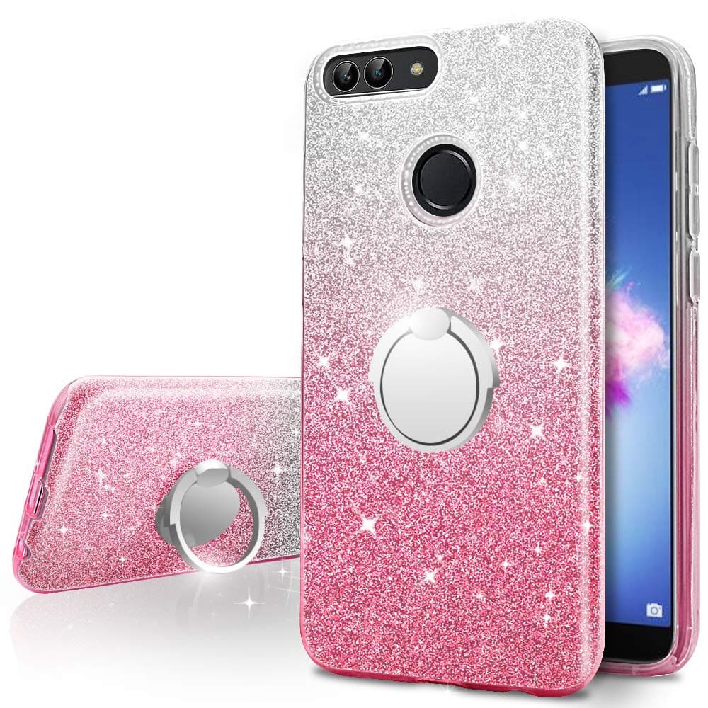 Miss Arts Huawei Honor 9 Lite Case, Girls Bling Glitter Sparkle Cute Phone Case With 360 Rotating Ring Stand, Soft TPU Outer Cover + Hard PC Inner Shell Skin for Huawei Honor 9 Lite -Pink