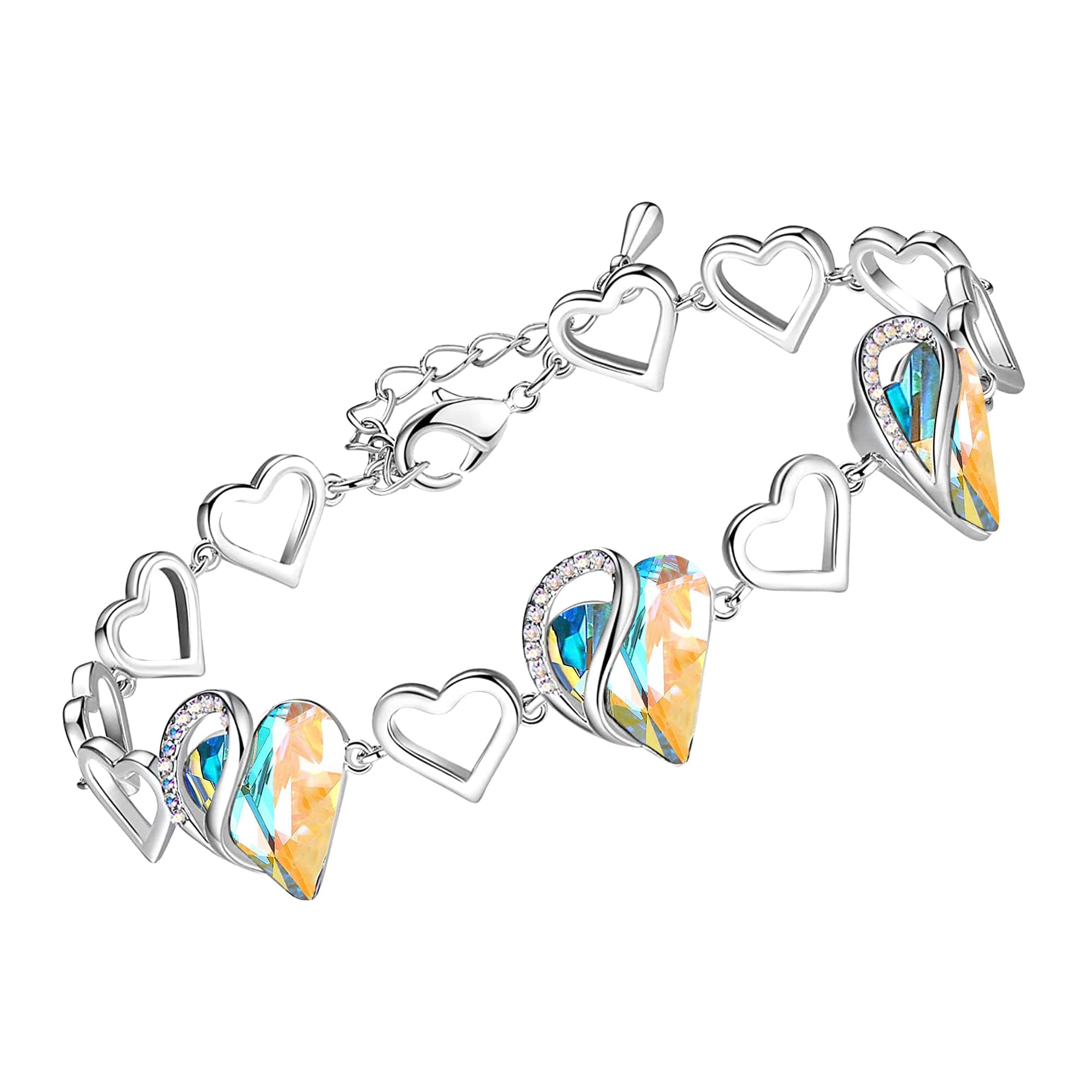 Infinity Love Heart Link Bracelets, Birthstone or Healing Stone Crystal Bracelet for Women, Silver Tone Jewelry Gifts for Her, 7-inch Chain and 2-inch Extender