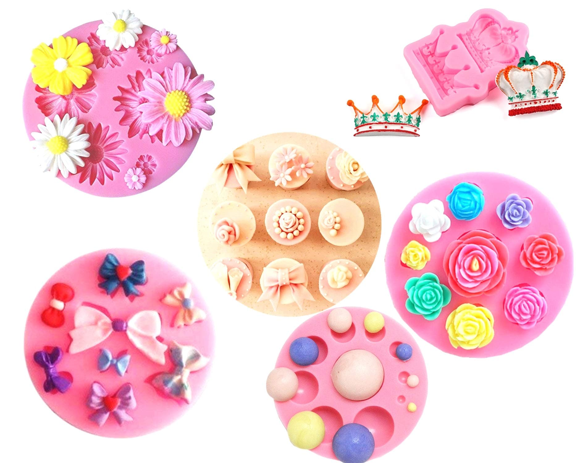 stbeyond Fondant Candy Silicone Mold – Crown, Rose, Bow, Dome, Daisy mold - for Sugarcraft, Cake Decoration, Cupcake Topper, Chocolate, Pastry, Cookie Decor, Jewelry, Polymer Clay, Epoxy Resin (5pack)