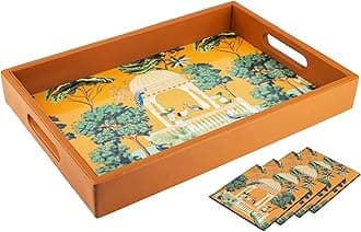 Birch & Co. Wooden Tray For Serving-Free 4 Coasters-10 Inch X 15 Inch-Serving Tray-Tray Set For Decoration-Tea Trays-Big Coffee Tray-Premium Mdf Trey-Wooden Serving Trays-Resin Tray,Rectangular