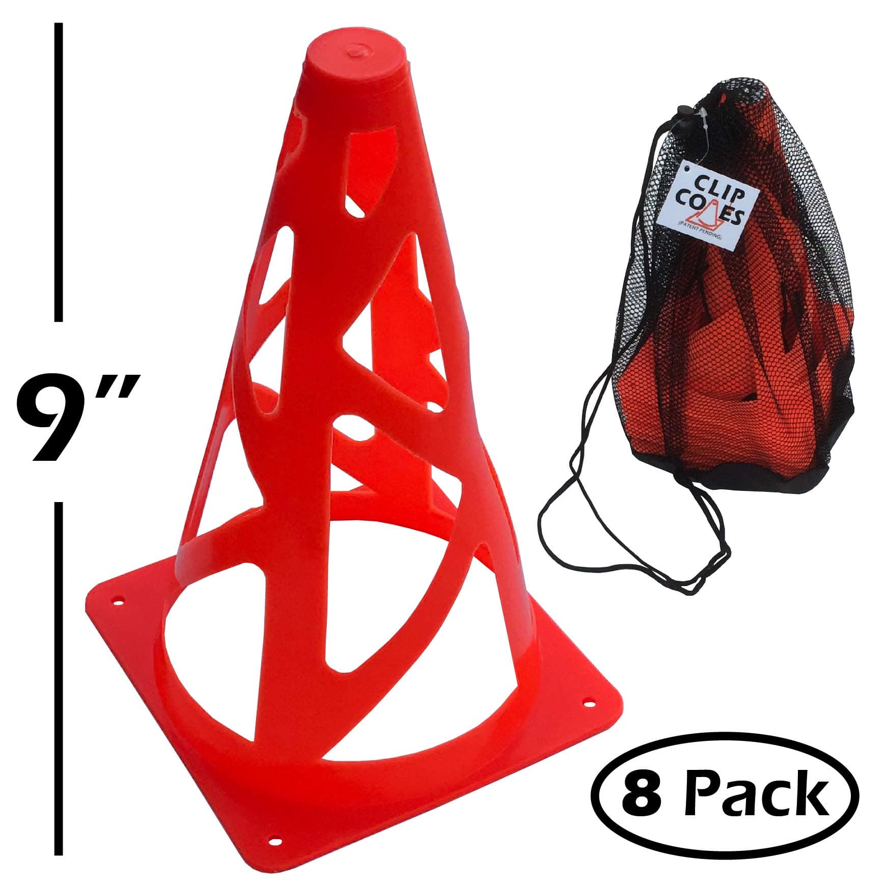 9 inch Orange Traffic Cones - 8 Pack Soccer Training Cones and Carry Bag, Collapsible for Safety
