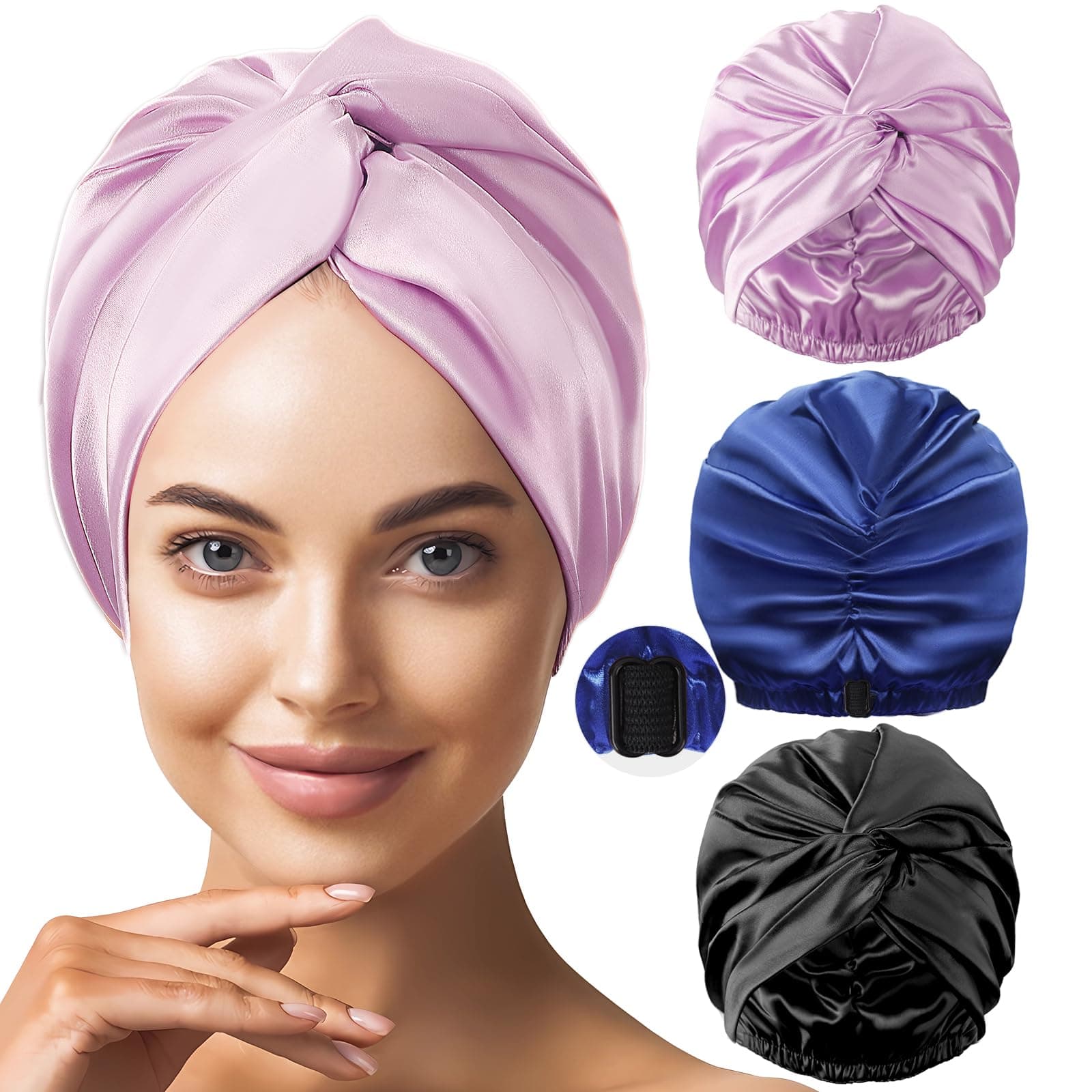 3PCS Satin Bonnet Silk Bonnet Satin Bonnet for Sleeping Combination, Hair Bonnet for Sleeping with Natural and Curly Hair, Elastic Hair Bonnets (Navy Blue & Purple & Black)