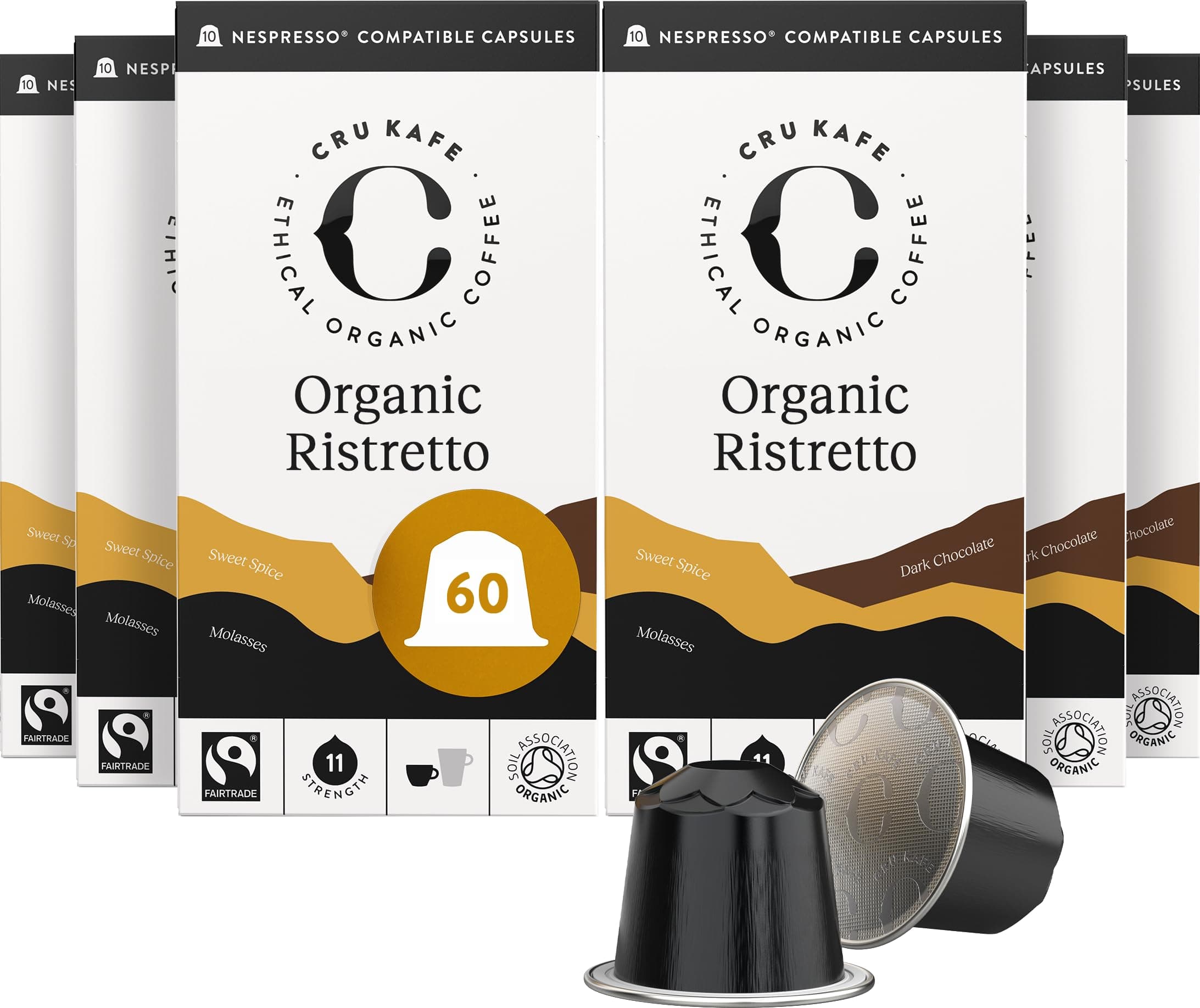 Cru Kafe Organic Ristretto Arabica & Robusta Espresso Single-Serve Coffee Pods (60 Pods) Compatible with Nespresso Original Line