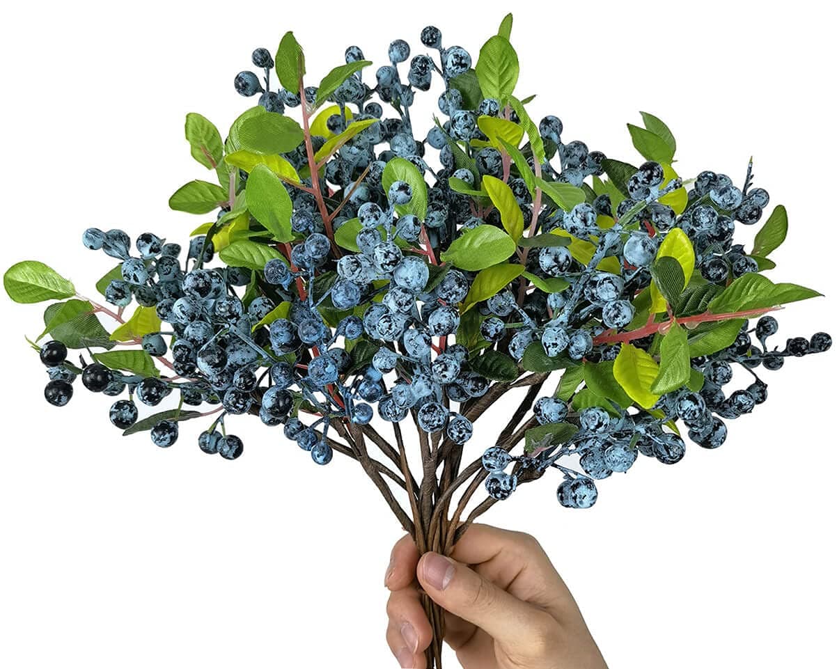 Artificial Blueberries,15 Pcs Artificial Berries Blue on Stems for Flower Arrangements, Artificial Blueberry Branches for Wreath Decoration
