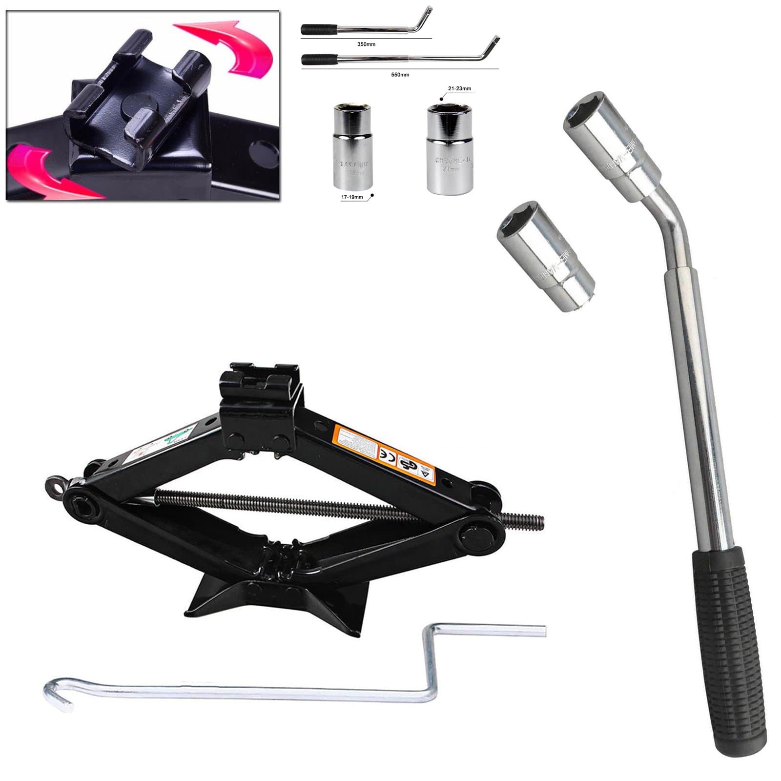 Universal Spare Tire Tool Kit Wheel Lug Nut Wrench 17mm 19mm 21mm 23mm + Scissor Jack 2 Ton for Car Van Road Side Emergency