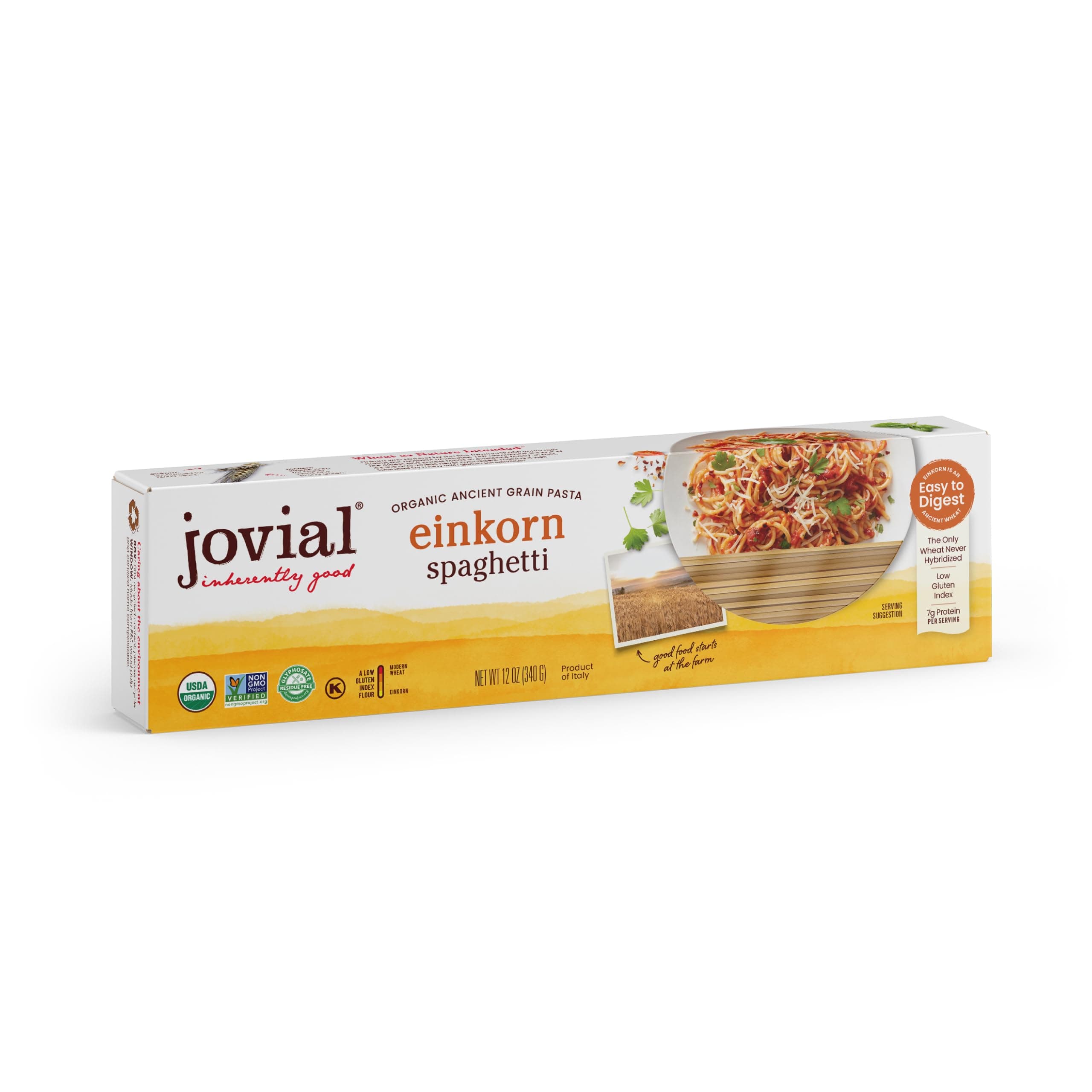 Jovial Einkorn Organic Spaghetti Pasta - Spaghetti Pasta Noodles Thin, Dry, 7g Protein Per Serving, Crafted in Italy, USDA Organic, Non GMO, Glyphosate Free - 12 Ounce