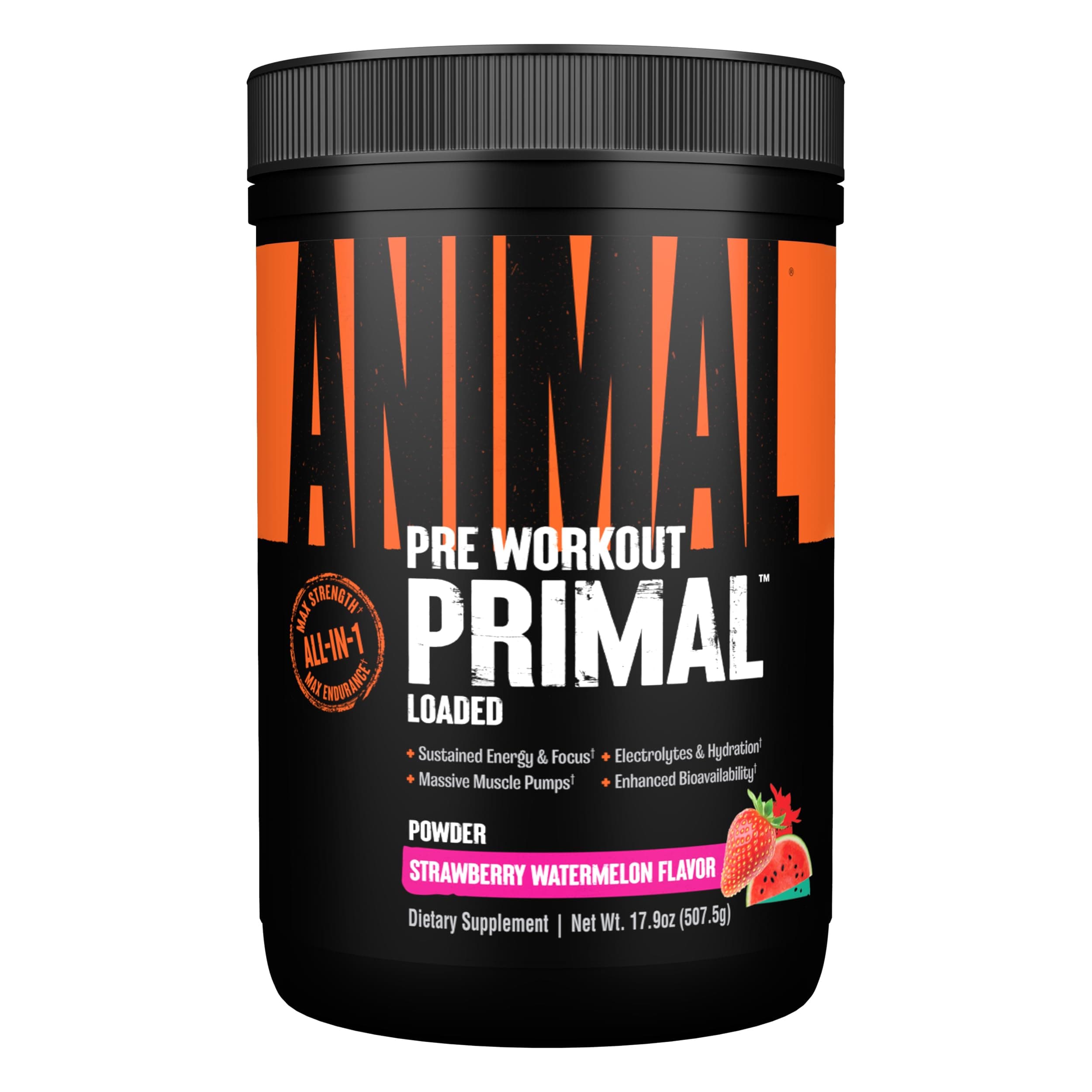 ANIMAL Primal Pre Workout Strawberry Watermelon – Training Booster with 300 mg Caffeine, 3DPUMP, Electrolytes & beta-Alanine – Pre-Workout Powder for Energy, Pump & Focus – Sugar-Free – 507.5 g