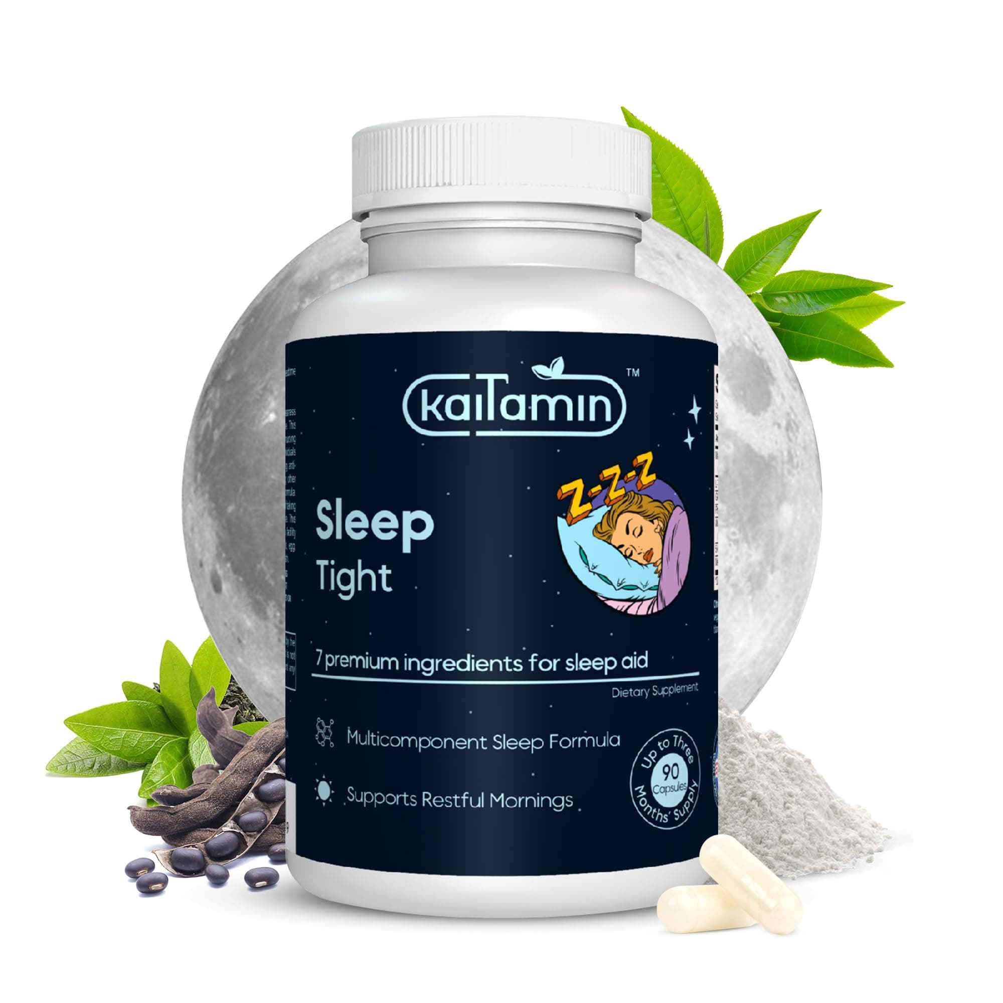 Melatonin Natural Sleep Aid, Theanine, 5-HTP, GABA, Mucuna pruriens, Phellodendron and Magnesium for Sleep & Stress Support, 90 Capsules 45 Days Supply - 7 in 1 Sleep Aid