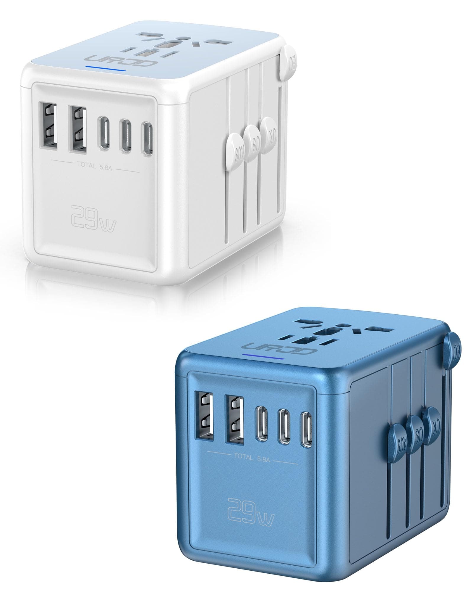 URJDUniversal Travel Adapter Offers 5.8A 3X 3.0A USB-C Ports, 2X 2.4A USB-A Ports and Multi AC Outlet, All-in-One International Power Plug Adaptor Worldwide Charger for EU US UK AU 200+ Countries