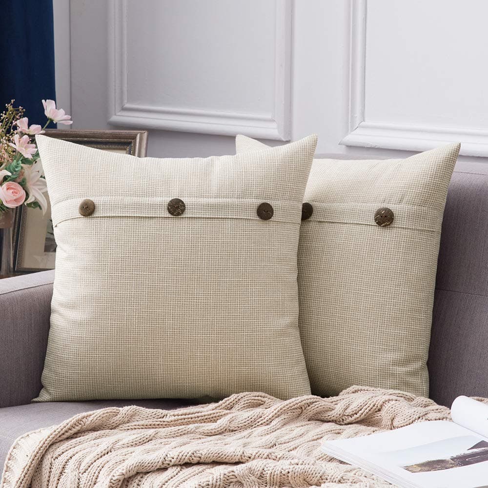MIULEE Set of 2 Decorative Linen Pillow Covers Farmhouse Vintage with Triple Button Spring Accent Pillows for Couch Sofa Bed Living Room Home Decor 18x18 Inch Beige