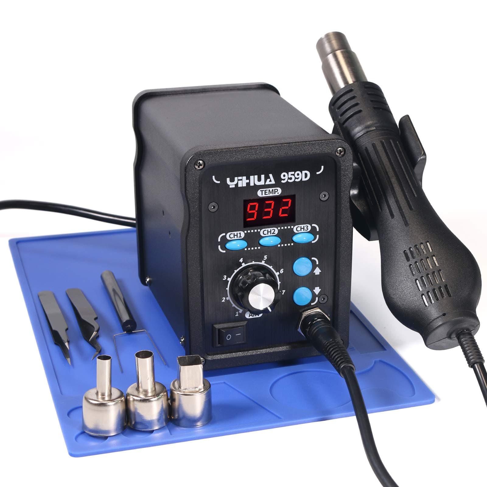 YIHUA 959D-Digital Hot Air Rework Station, High Power with 3 Memories, Airflow Efficiency, °F /°C Display, Accurate Temp.(212°F~932°F), Brushed Aluminum Panel & Safety Features