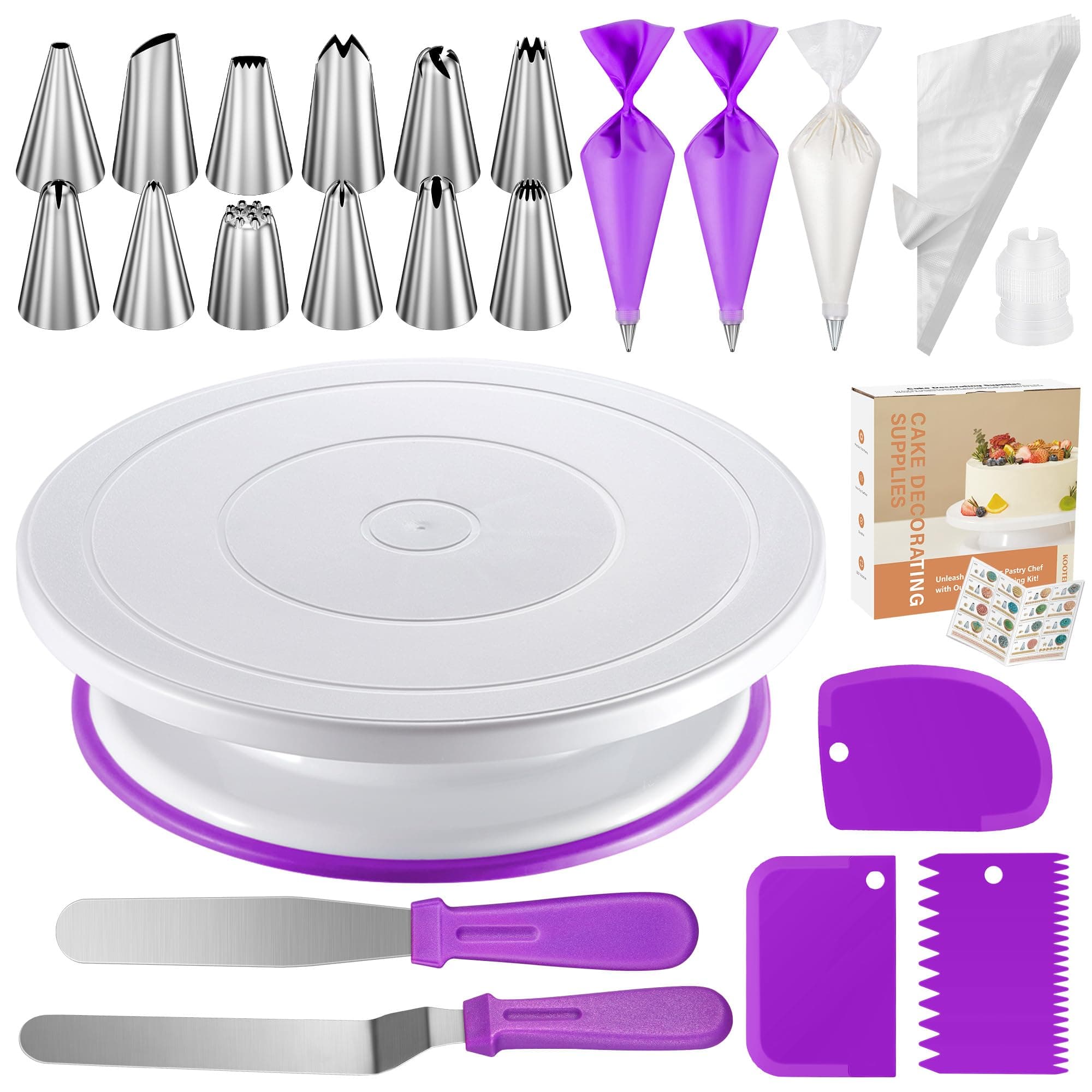 Kootek 71PCs Cake Decorating Kit, Baking Supplies Tools - Includes Cake Stand Turntable, 12 Icing Piping Tips Set, 2 Frosting Spatulas, 3 Scrapers, 50+2 Piping Bags, Coupler, Video Tutorial, Booklet