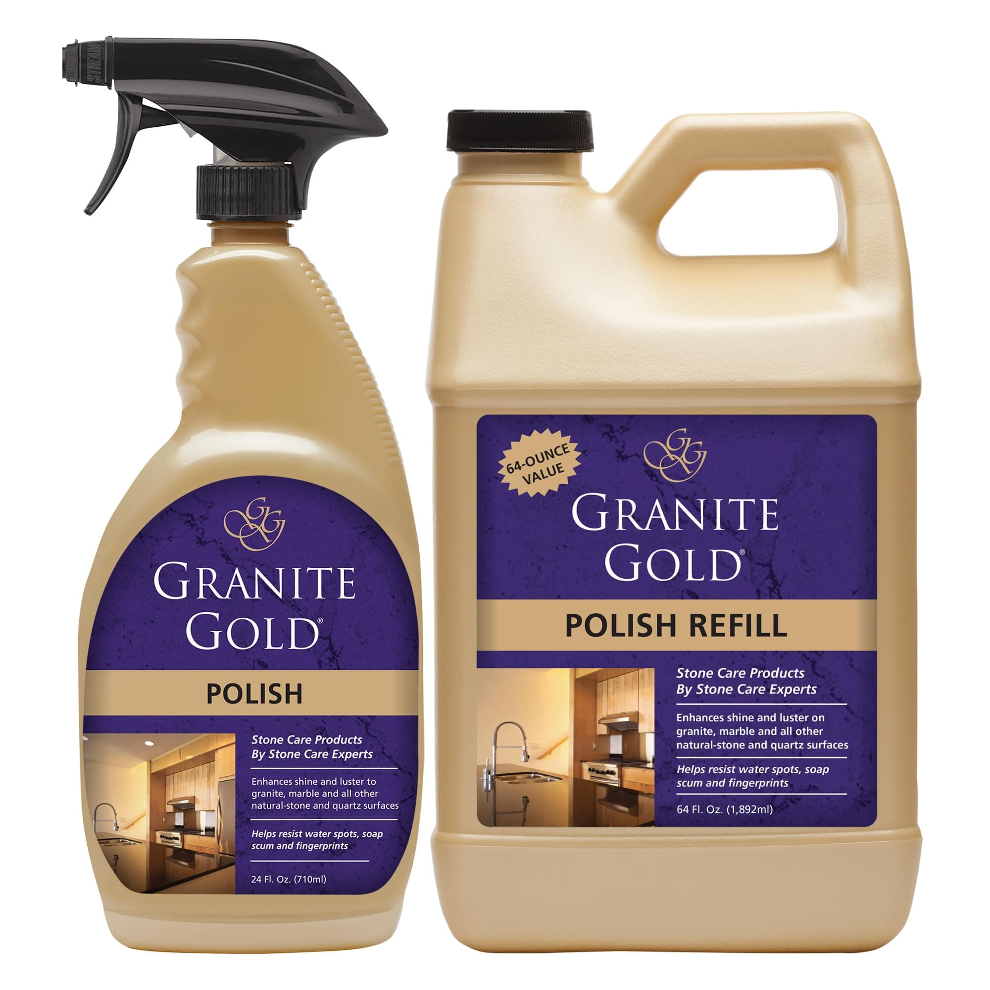 Polish Spray, Streak-Free Shine for Granite, Quartz, Marble, Travertine, Natural Stone Countertops, 64 Fluid Ounces and 24 Fluid Ounces