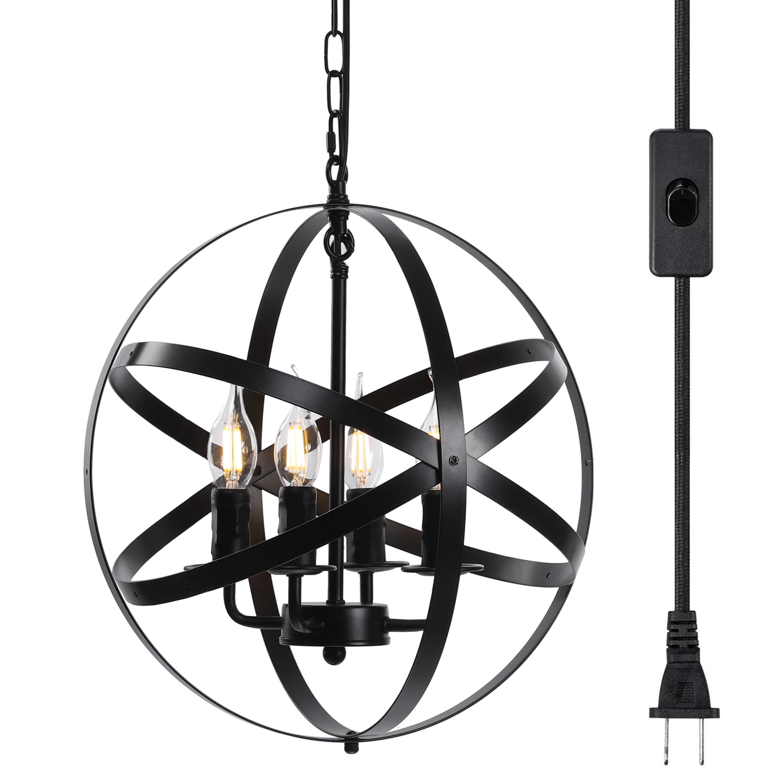 Lika 4-Light Plug in Farmhouse Chandeliers, Rustic Industrial Light Fixture with Spherical Shade, Black Pendant Lighting with 16.8 Ft Cord for Dining Room, Kitchen Island, Foyer