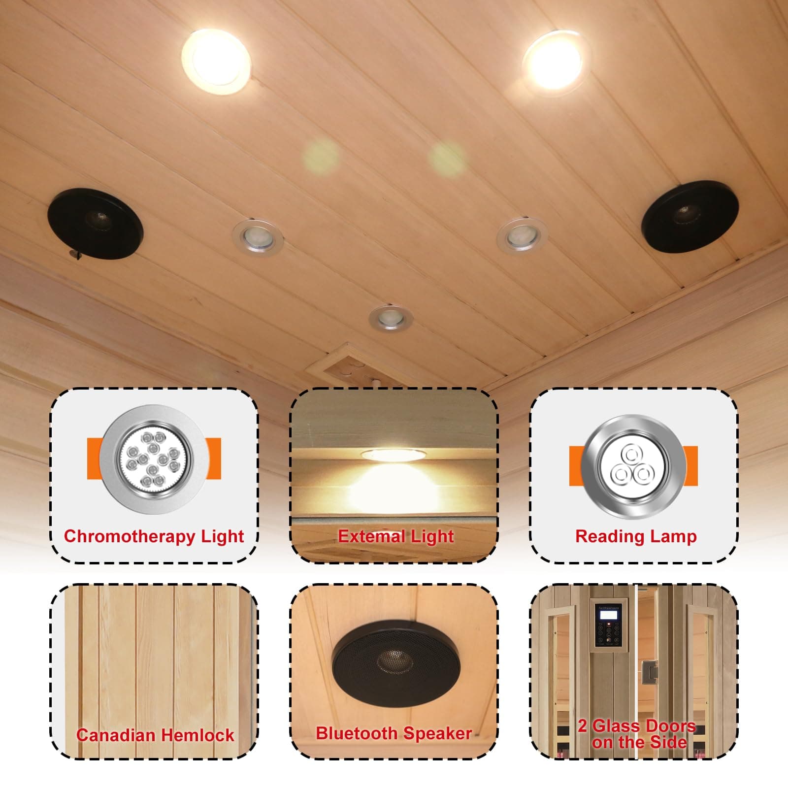 LTCCDSS Ceramic Far Infrared Sauna, Infrared Sauna 2-3 Person, Hemlock Indoor Sauna with 1750W, 5 Low EMF Heaters+4 Ceramic Heating Cube, 2 Bluetooth Speakers, Chromotherapy, LCD Display Dual Control