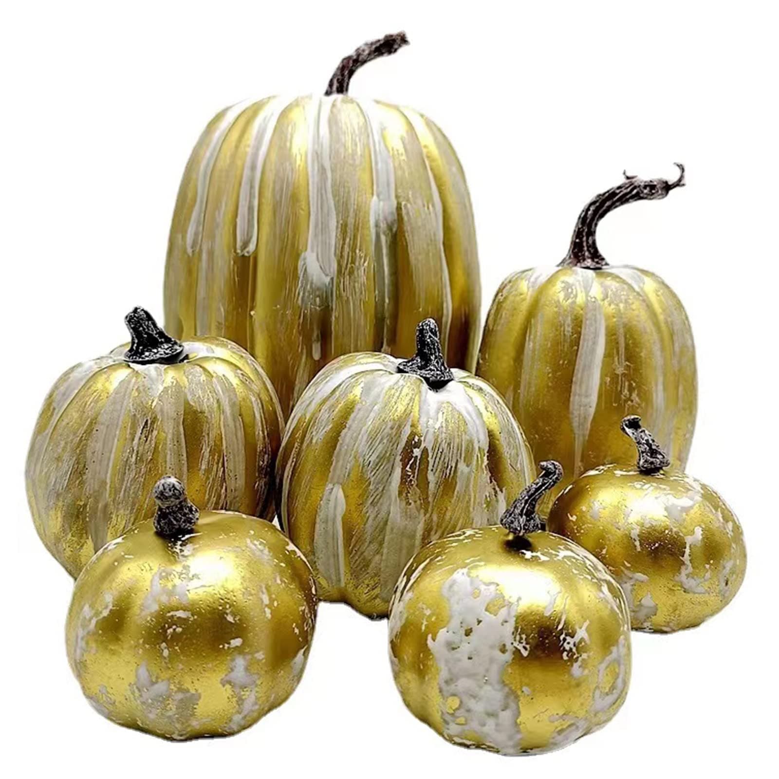 HBell7Pcs Artificial Pumpkins Decoration Sets,Gold Brush White Foam Pumpkins Large Golden Harvest Faux Pumpkin for Autumn Thanksgiving Halloween Fall Home Decor
