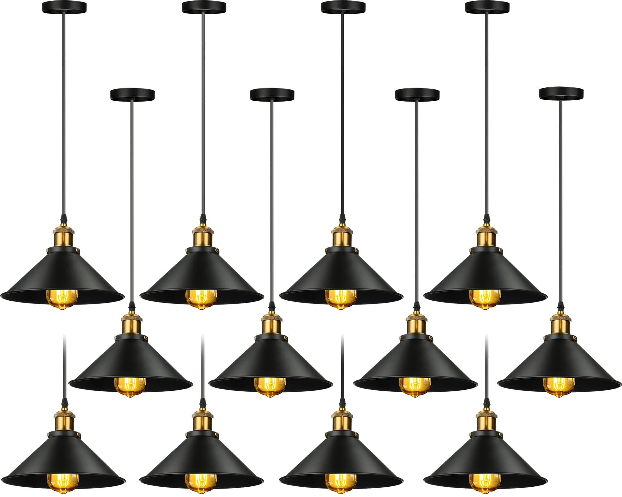 Retisee 12 Pcs Industrial Pendant Light Vintage Metal E26 Base Hanging Light Rustic Dome Pendant Lamp Fixture Farmhouse Kitchen Hanging Ceiling Lamp for Dining Room Bedroom Hallway Bar(Black)
