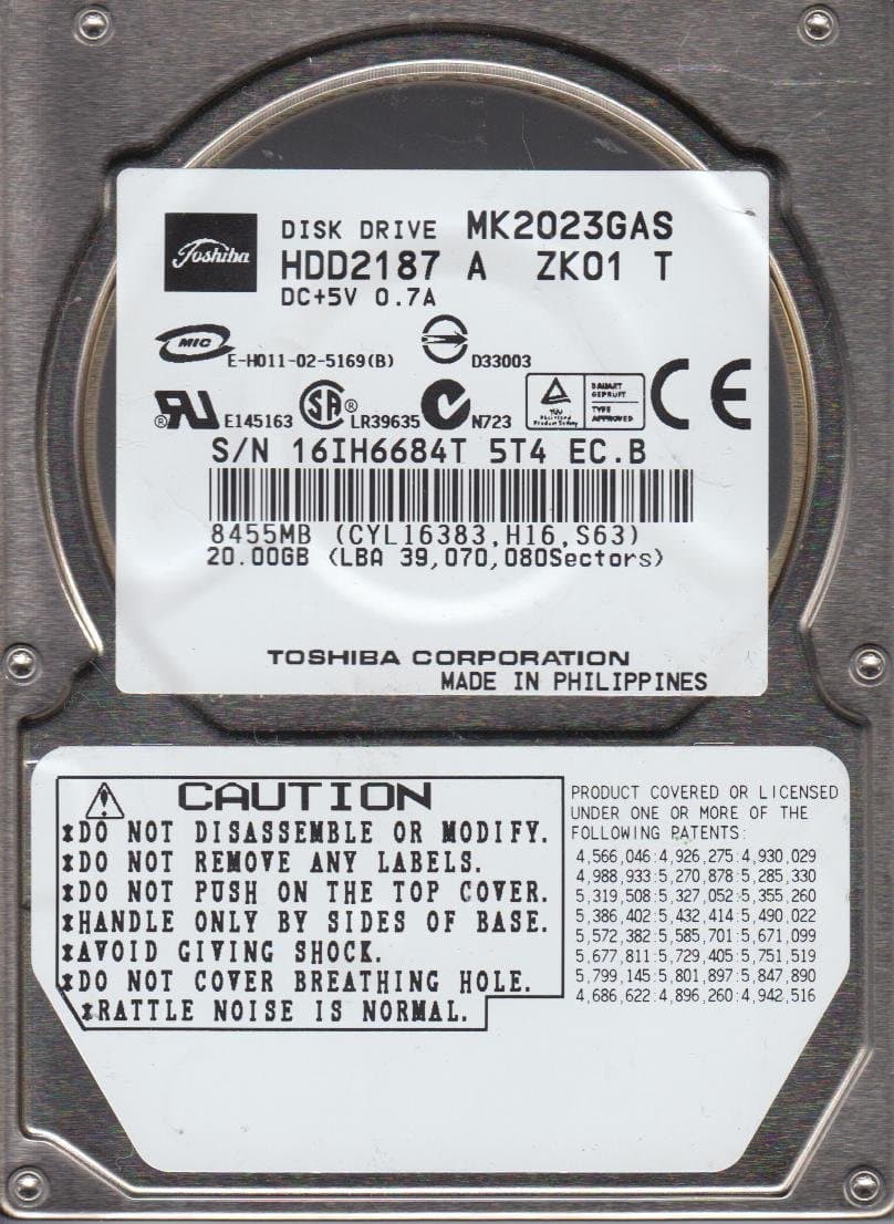 MK2023GAS, HDD2187 A ZK01 T, Toshiba 20GB IDE 2.5 Hard Drive