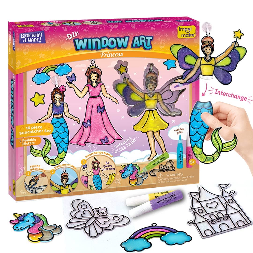 Window Art Princess | Toys for Girls Ages 5-10 Years | 16 Piece Glass Painting Set | Princess, Mermaid & Unicorn Designs | Creative Arts & Crafts Kit | Ramadan, Birthday & Return Gifts