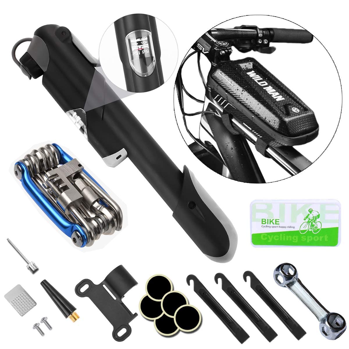 QCLTY Bike Tire Repair Kit Mini Bike Air Pump with 120PSI Pressure Gauge | Rainproof Bike Frame Bag Come with 11 in 1 Bicycle Multi Fix Tool (with Chain Breaker), Glueless Puncture Repair Kit