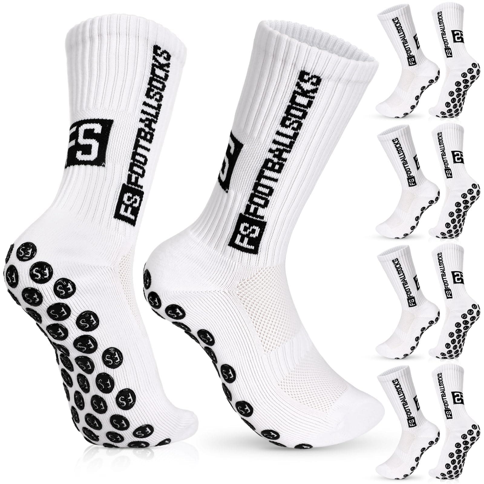 Men's Football Socks, 8 Count, White, Non-Slip Grip, Athletic Socks