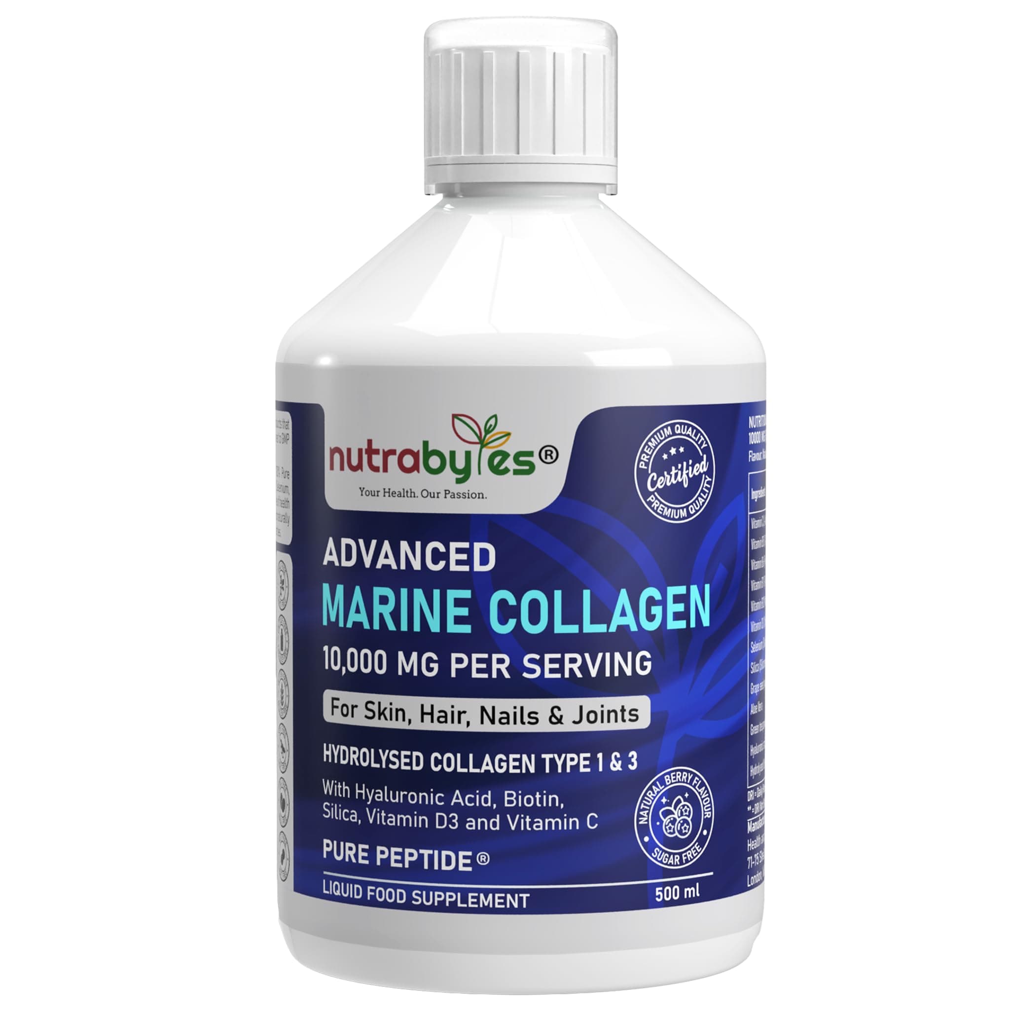 Marine Collagen Liquid 10,000mg Sugar Free|Pure Hydrolysed Peptides| Hyaluronic Acid, Biotin, Silica, Vitamin C, Vitamin D3|Healthy Skin, Hair, Nails, Joints|Natural Fruit Flavour|Superior Absorption