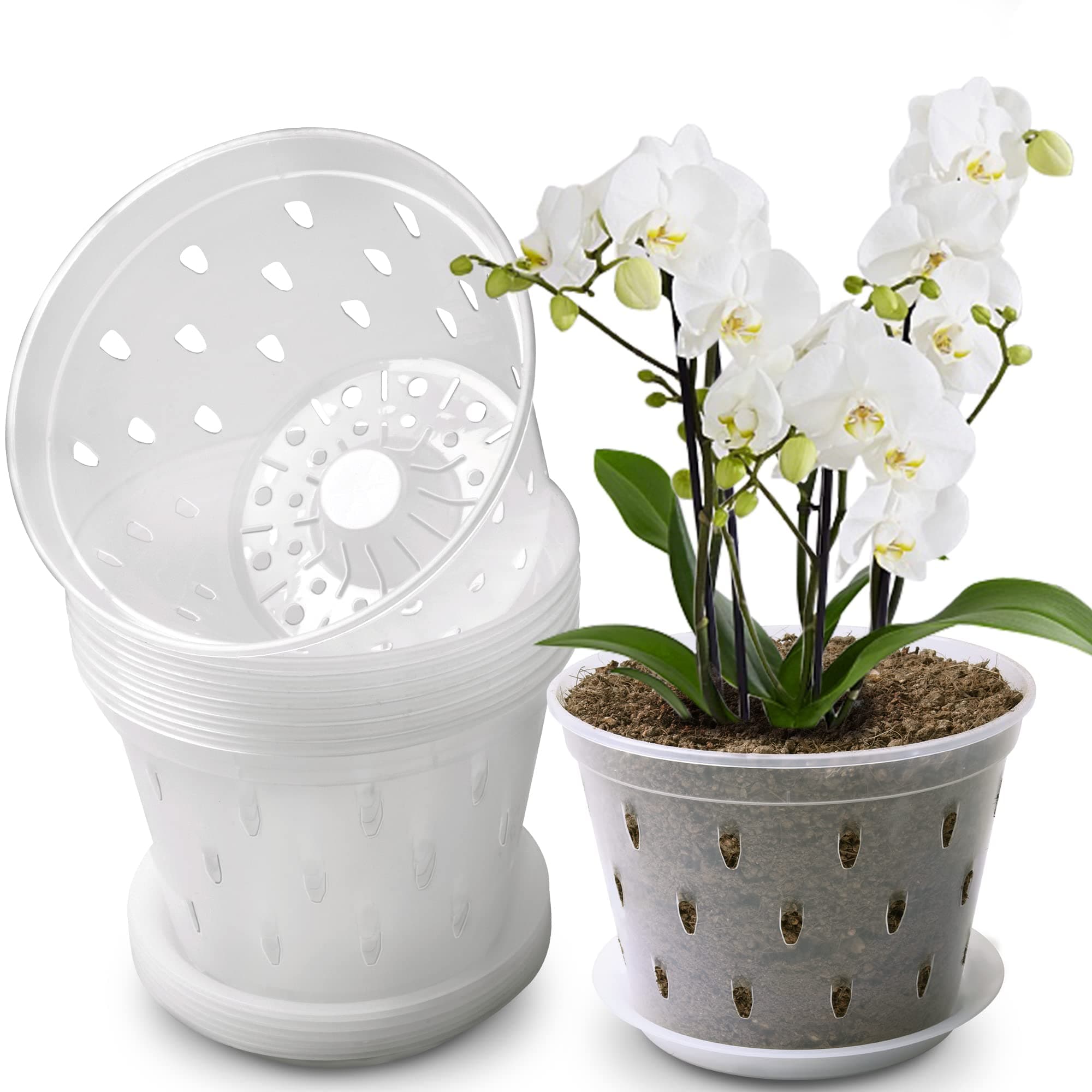 Orchid Pot, 7 Inch 8 Pack Orchid Pots with Holes and Saucers, Clear Plastic Plant Pot Indoor