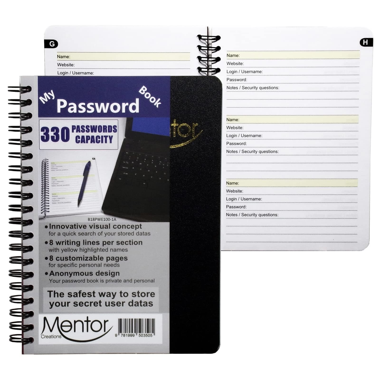 Mentor Creations My password book - 7" X 5" Quick search design password and private code journal (Black, Regular)