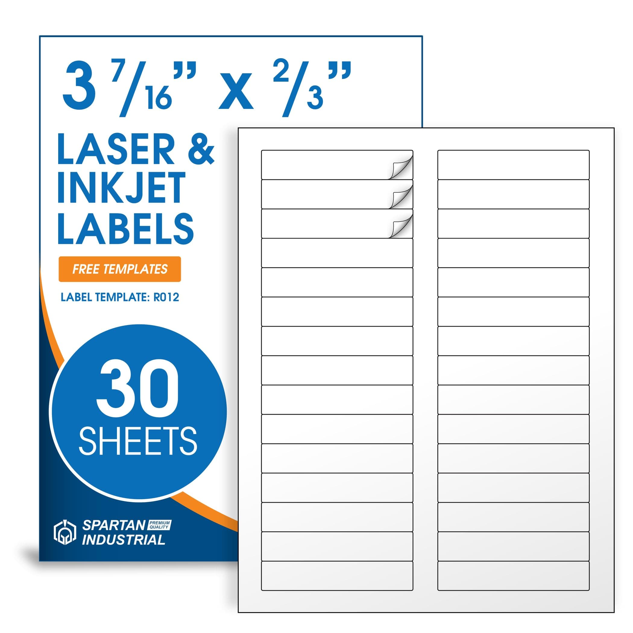 3 7/16" X 2/3" Matte White Printable Labels for Inkjet and Laser Printers - 30 Sheets, 900 Custom Stickers, File Folder Labels, Return Address Stickers, Price Tags - Spartan Industrial Template R012