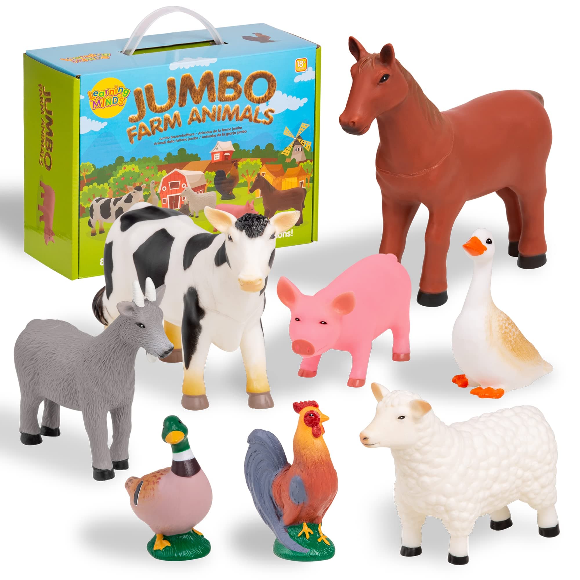 Learning Minds Jumbo Farm Animal Plastic Cow Pig Chicken Goat Goose Cockerel and Cockerel Farm Animal Set, Suitable for ages 18 Months, D2236