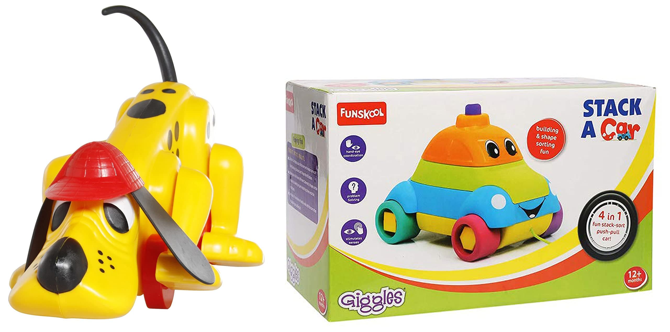 Giggles Funskool Digger The Dog, Encourages Walking,Funny Walking Style, Infant and Plastic Preschool Toys & Stack A Car, 4 in 1 Pull Along Toy, Walking, Shape Sorting, Infant and Preschool Toys
