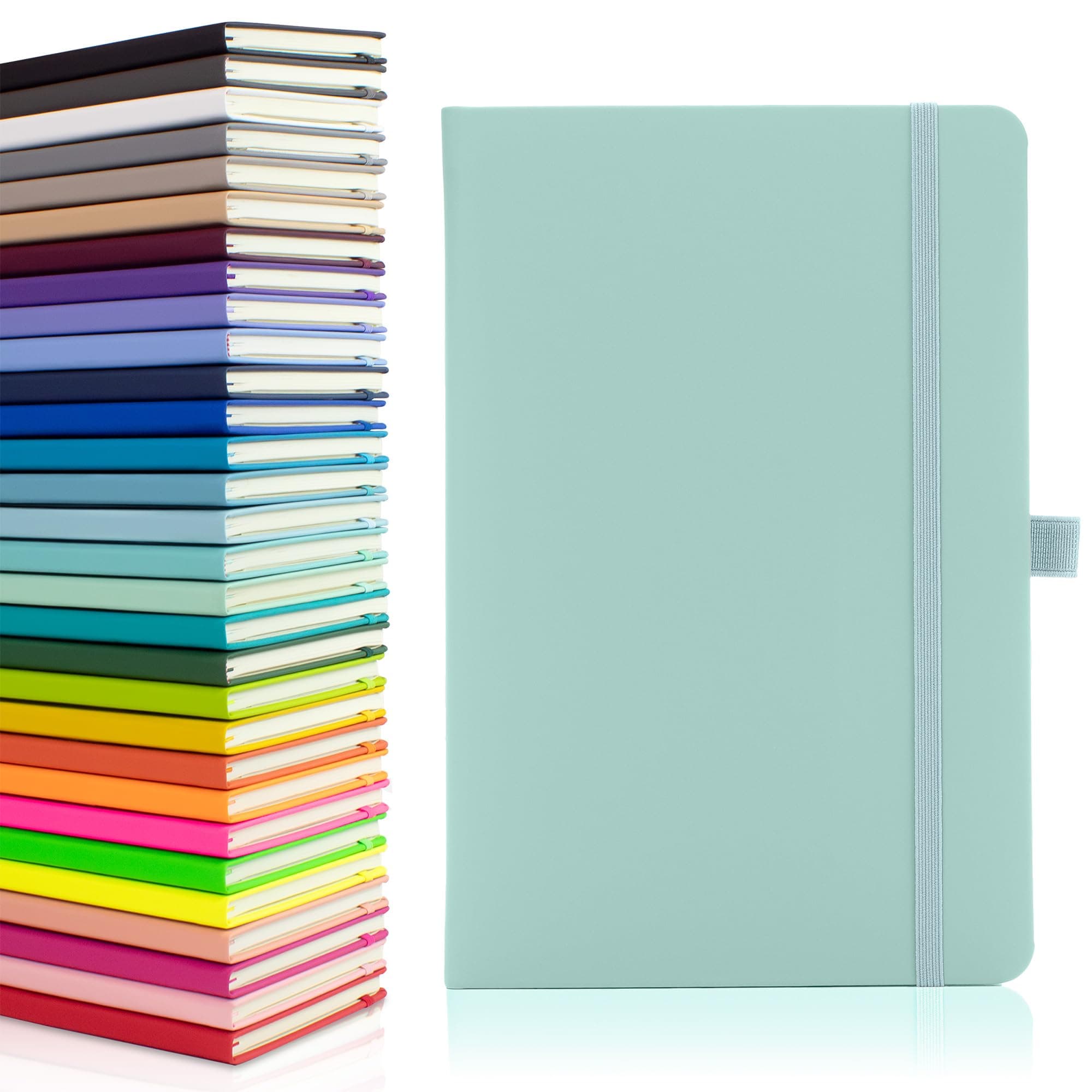 Eco A5 Notebook with Lined Pages, Pen Loop, Ribbon, Date Marks and Paper Pocket, Medium Hardback Journal, Note, sustainably sourced paper (Pastel Celeste)