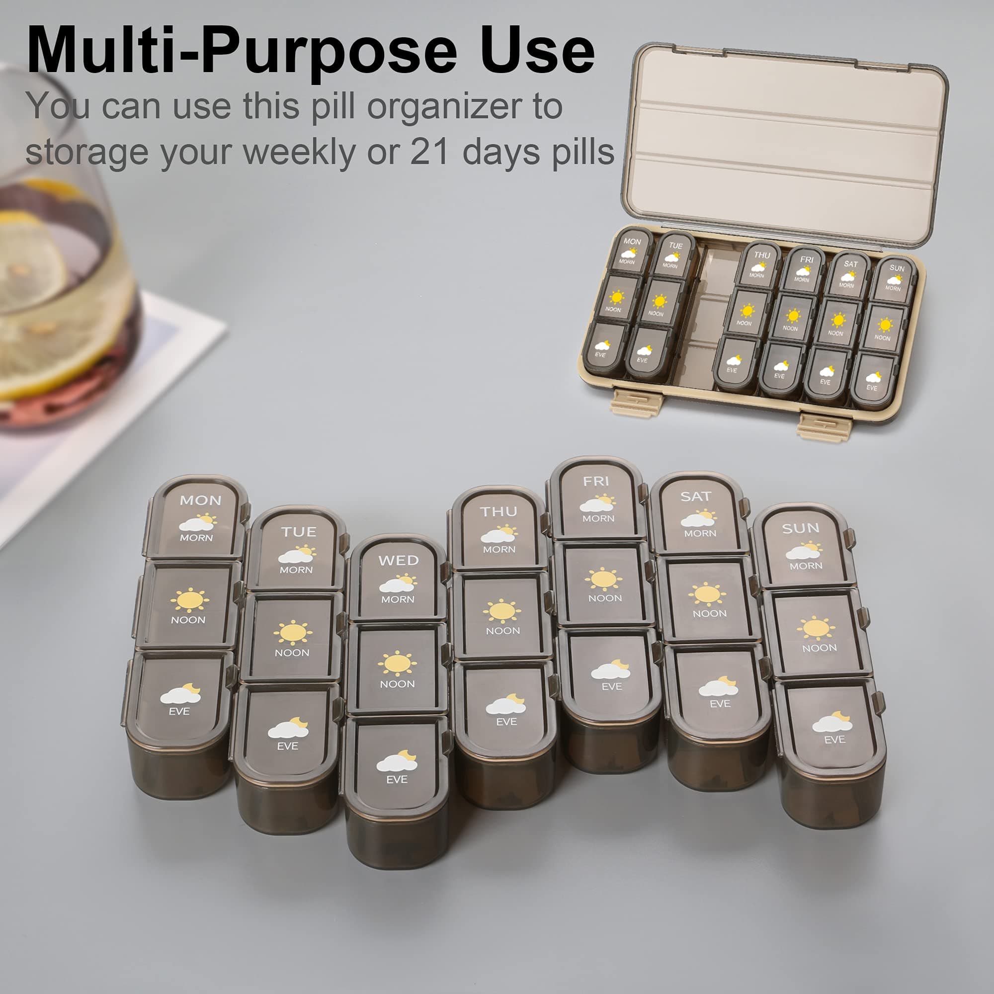 Acedada Pill Organizer 3 Times A Day, Pill Box 7 Day - Weekly Travel Medicine Organizer Box, Large Pill Container Holder Vitamins Case Pill Dispenser, Brown
